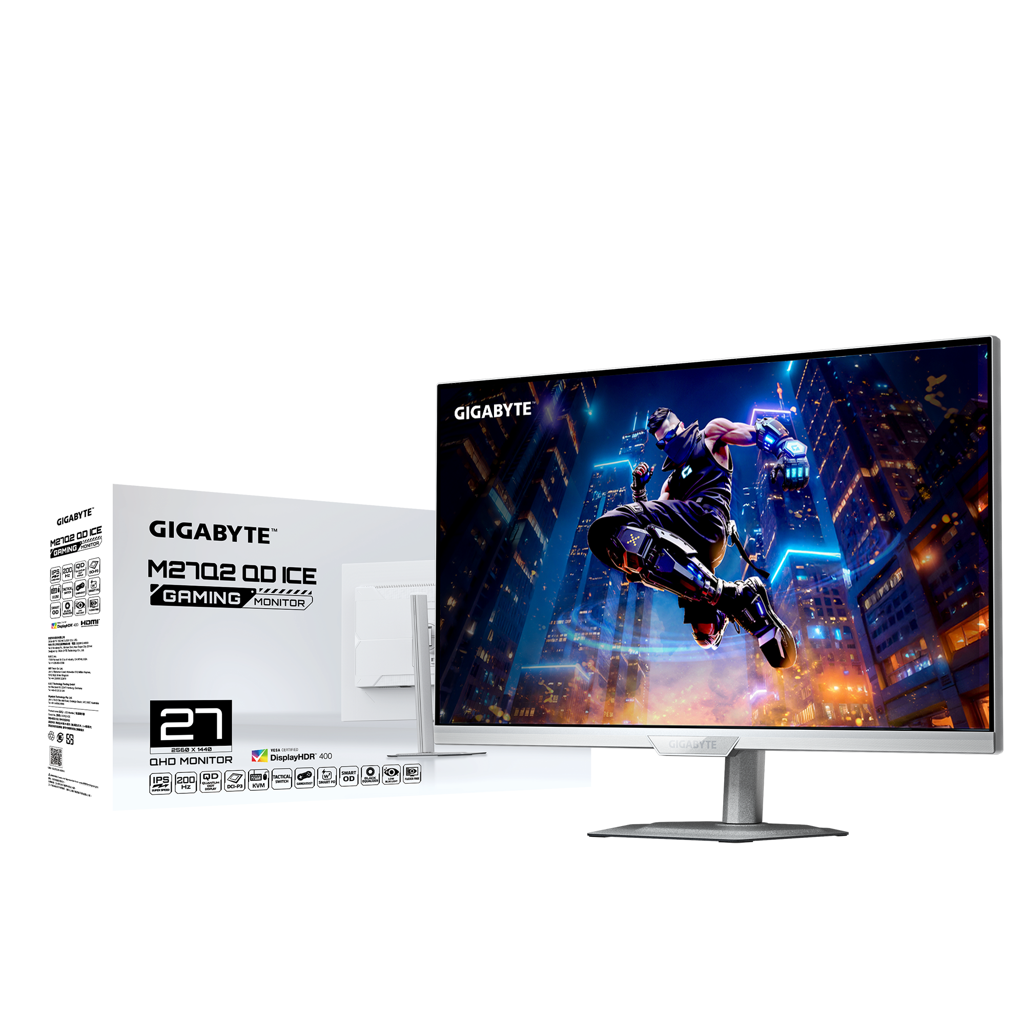 Gigabyte Gaming-Monitor. Mann springt in Stadt auf dem Bildschirm. Box zeigt Produktdetails.