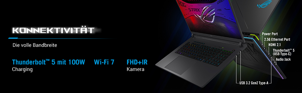 Ein dunkler Laptop mit Konnektivitätsmerkmalen. Enthält Thunderbolt 5, Wi-Fi 7 und eine FHD+IR-Kamera. Anschlüsse sind beschriftet.