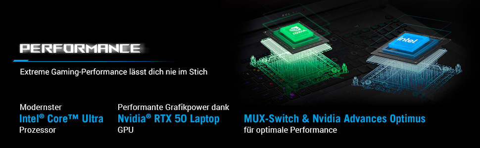 Das Bild zeigt Intel- und Nvidia-Komponenten. Text: Performance, Extreme Gaming, Intel Core Ultra, Nvidia RTX 50, MUX-Switch & Nvidia.