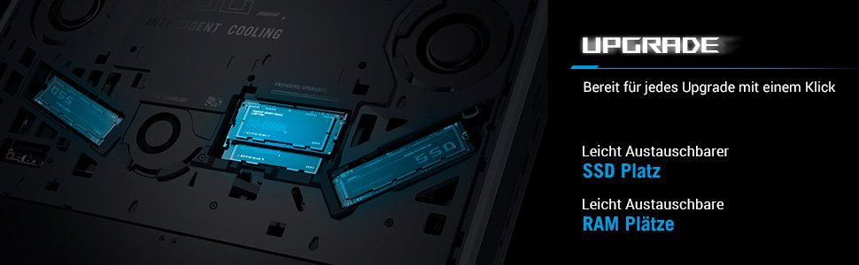 Das Bild zeigt Computerkomponenten, SSD- und RAM-Steckplätze. Der Text lautet 'Upgrade' und 'Einfach zu aktualisieren.'