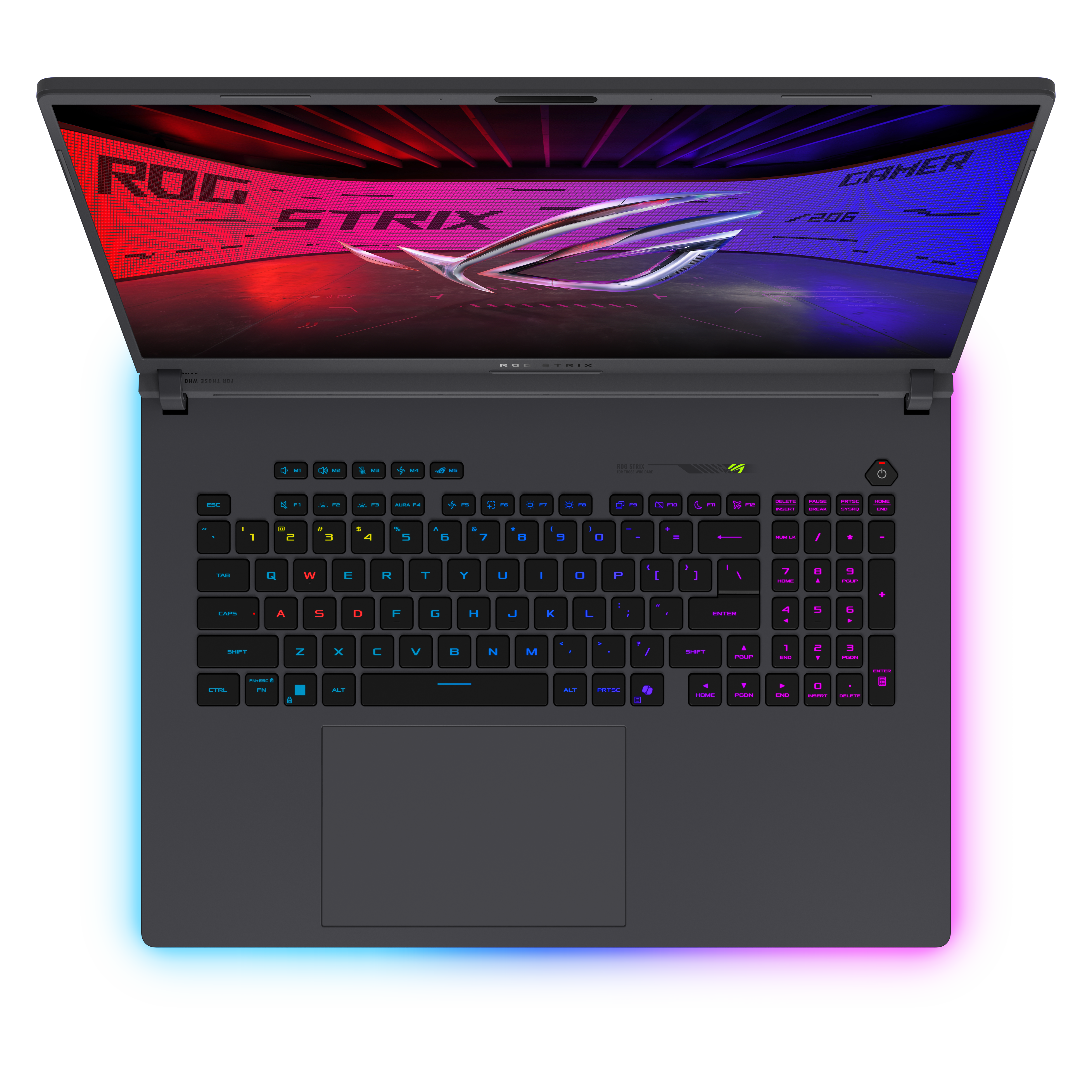 Laptop mit geöffnetem Bildschirm, Tastatur sichtbar. Der Bildschirm zeigt das ROG STRIX-Logo und das Wort GAMER.