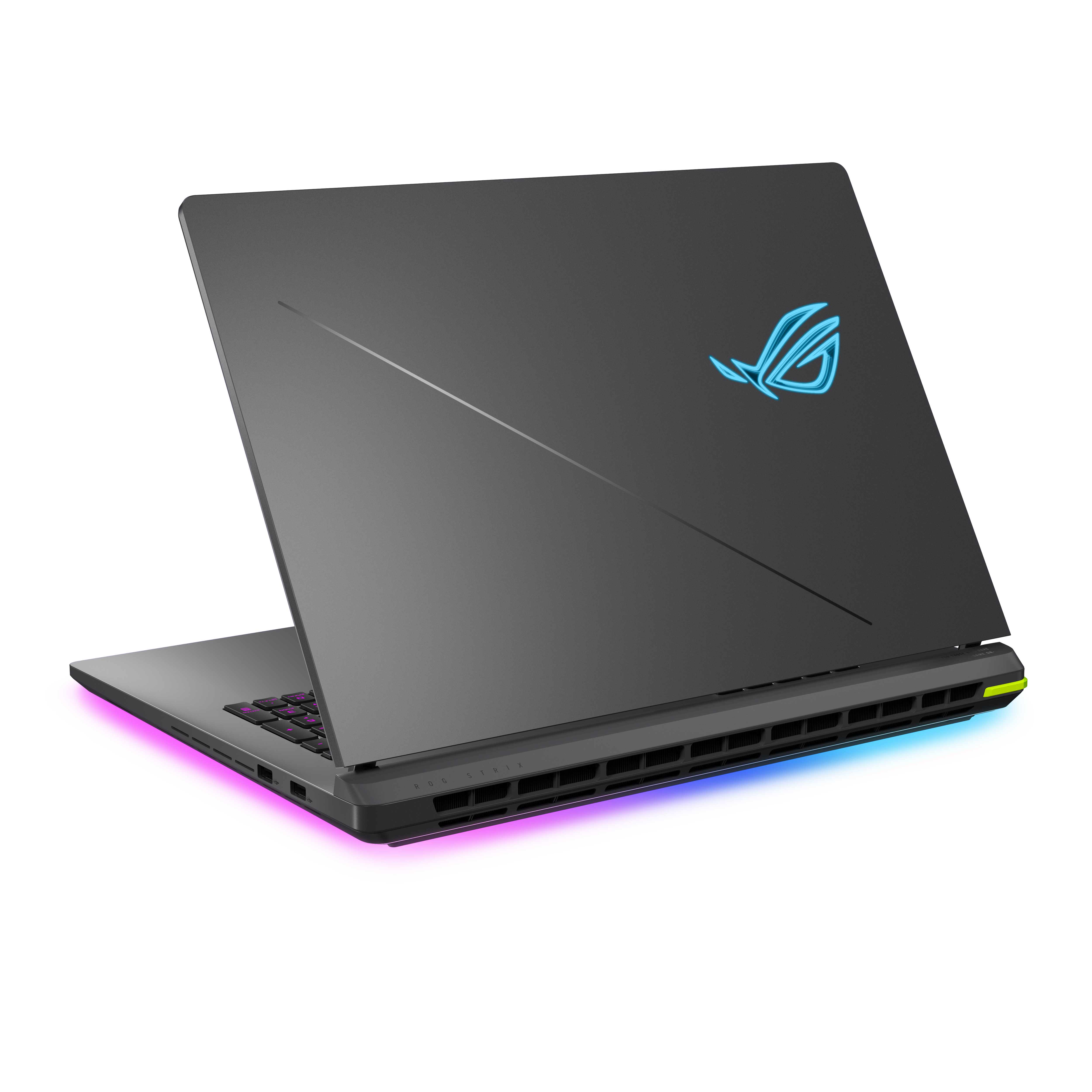Ein dunkelgrauer Laptop mit leuchtender Basis und blauem Logo auf schwarzem Hintergrund.