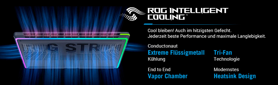 Das Bild zeigt ein Kühlsystem mit blauem und violettem Luftstrom. Text enthält 'ROG INTELLIGENT COOLING' und 'Extreme Flüssigmetall'.