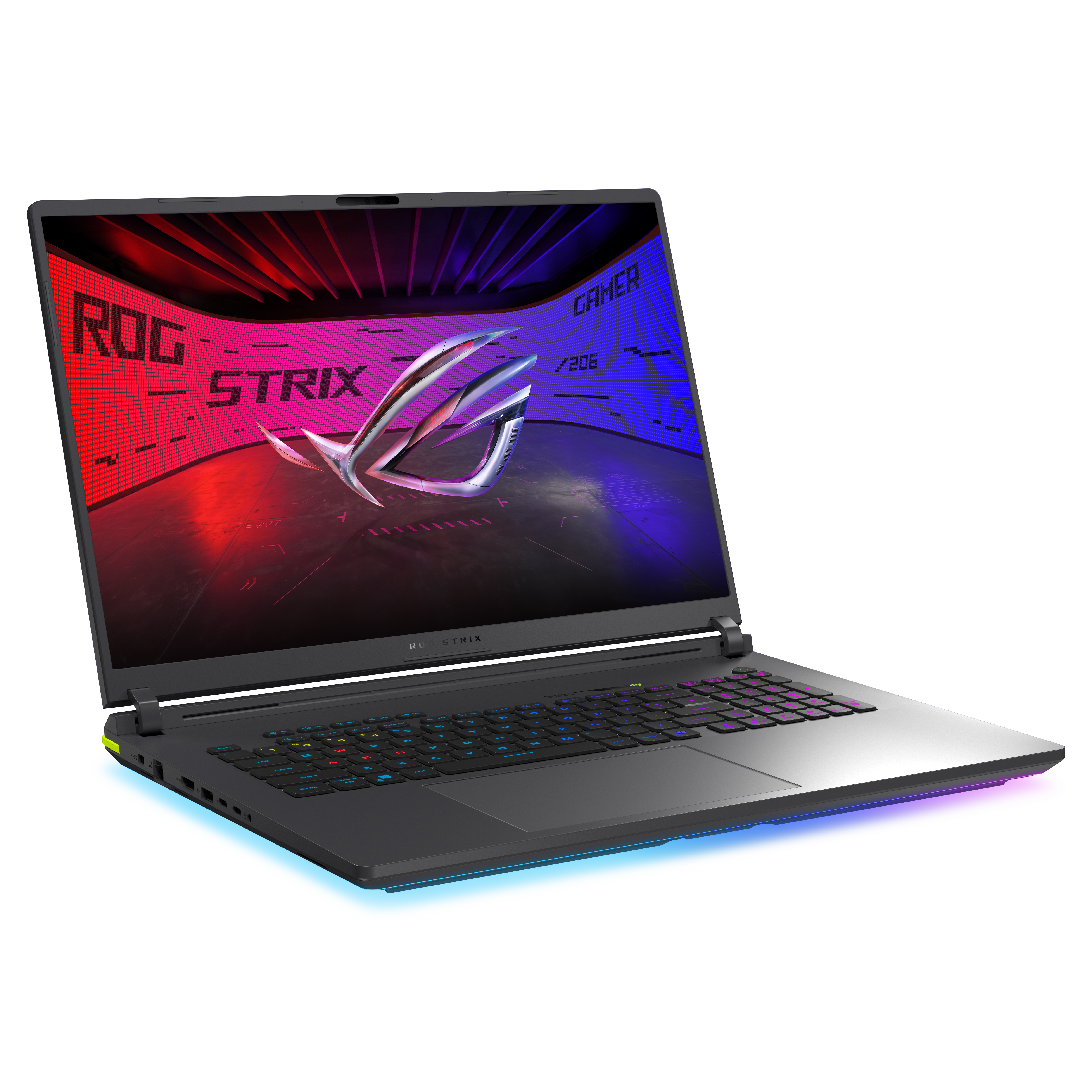 Ein Laptop mit beleuchtetem Bildschirm mit ROG STRIX. Es ist geöffnet, zeigt die Tastatur und hat einen weißen Hintergrund.