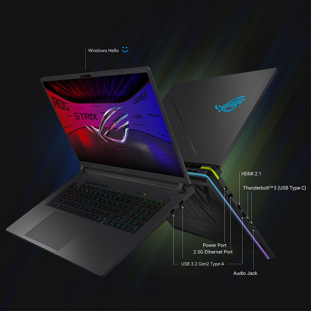 Zwei schwarze ROG-Gaming-Laptops werden gezeigt. Einer ist geöffnet und zeigt den Bildschirm und die Tastatur. Der andere zeigt Anschlüsse und das ROG-Logo.