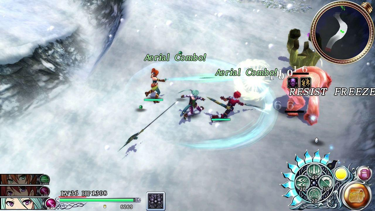 Eine verschneite Spielszene zeigt drei Charaktere im Kampf mit einem großen Monster. Textblasen sagen "Aerial Combo!". Kampf-UI ist sichtbar.