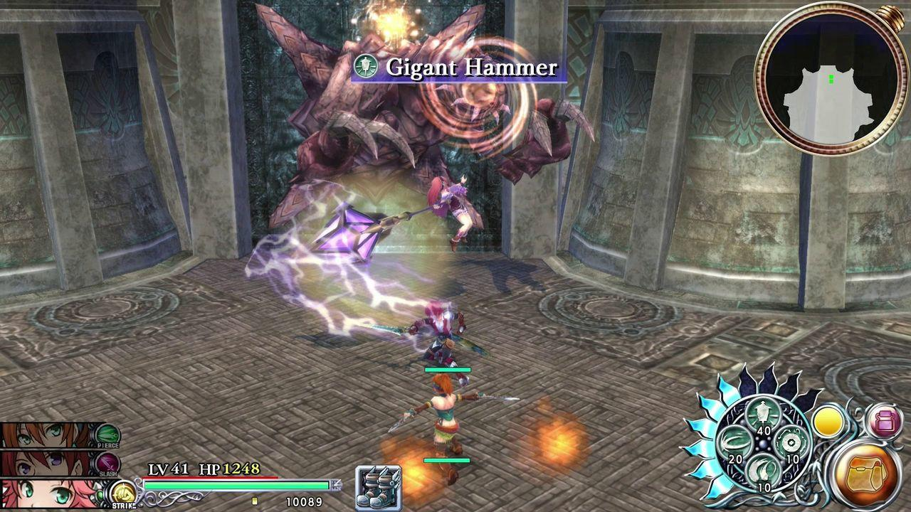 Eine Spielszene mit Charakteren, die gegen ein riesiges Monster namens Gigant Hammer kämpfen. Blitze und Aktionseffekte sind sichtbar.