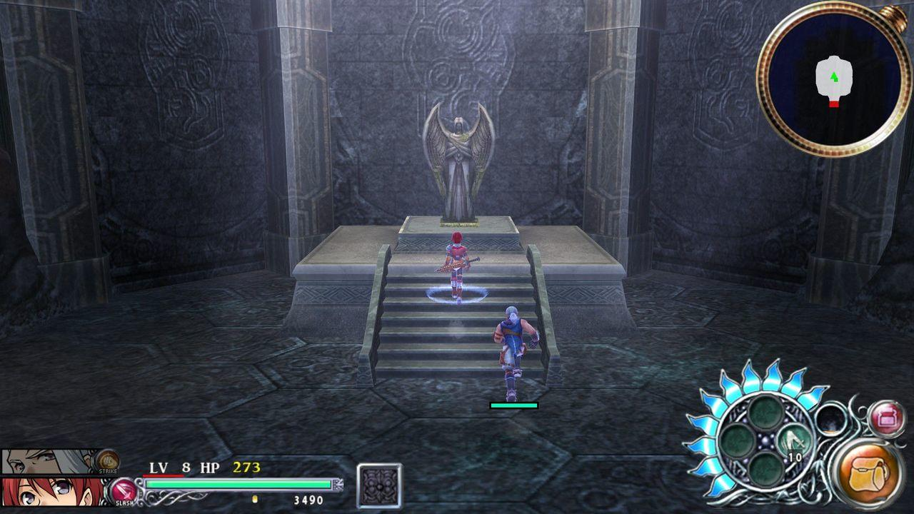 Eine Spielszene zeigt eine Statue, zwei Charaktere und ein Treppenhaus. Die Szene befindet sich in einer Steinkammer mit einer UI unten und rechts.