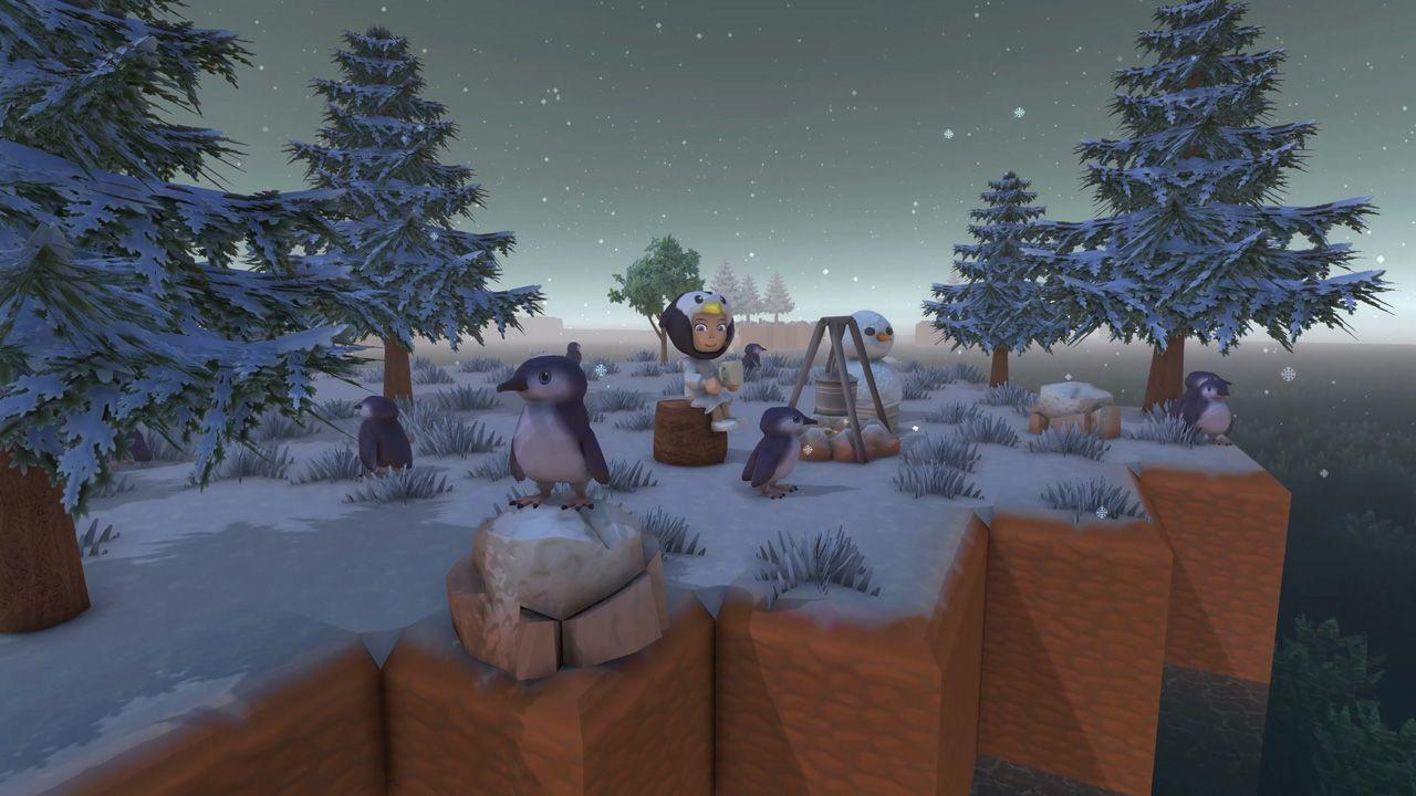 Winterszene mit Pinguinen, einer Person und einem Schneemann. Bäume und Schnee schaffen eine festliche Atmosphäre.