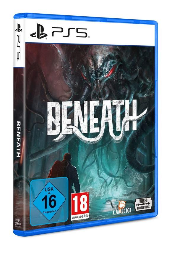 PS5-Spielbox. Titel 'Beneath'. Zeigt eine Figur vor einem Monster. Alterseinstufungen: USK 16, PEGI 18.
