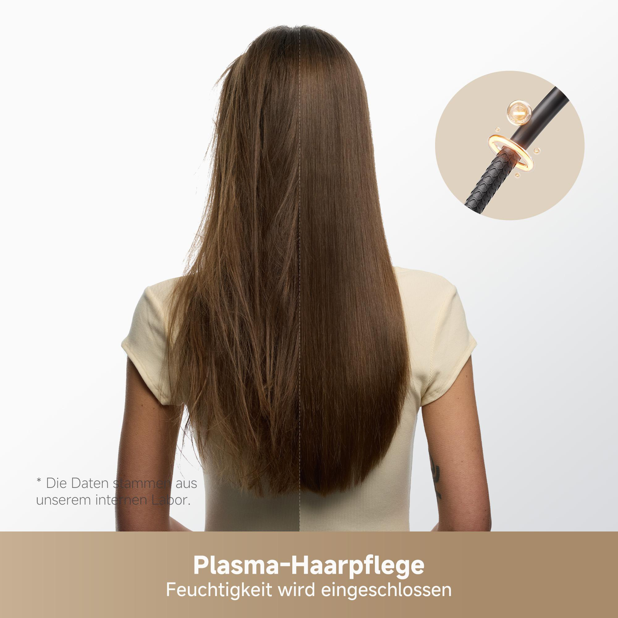 Frau mit langem braunem Haar, halb beschädigt, halb glatt. Ein Diagramm zeigt Haarsträhne und Plasmaeffekt. Text: Plasma-Haarpflege.