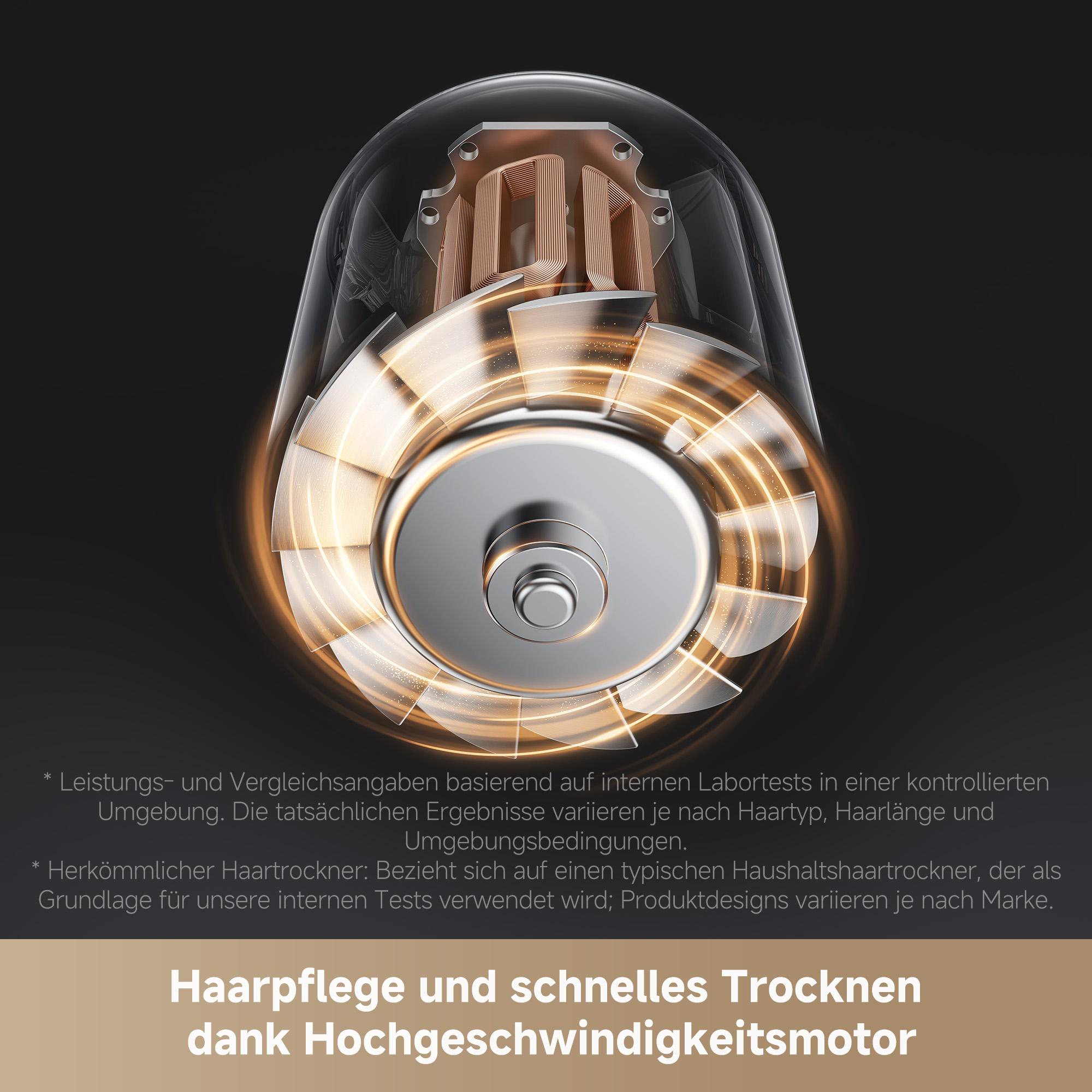 Nahaufnahme eines Haartrocknermotors. Sichtbar sind Flügel, Kupferspulen und ein transparentes Gehäuse. Der Hintergrund ist dunkel.