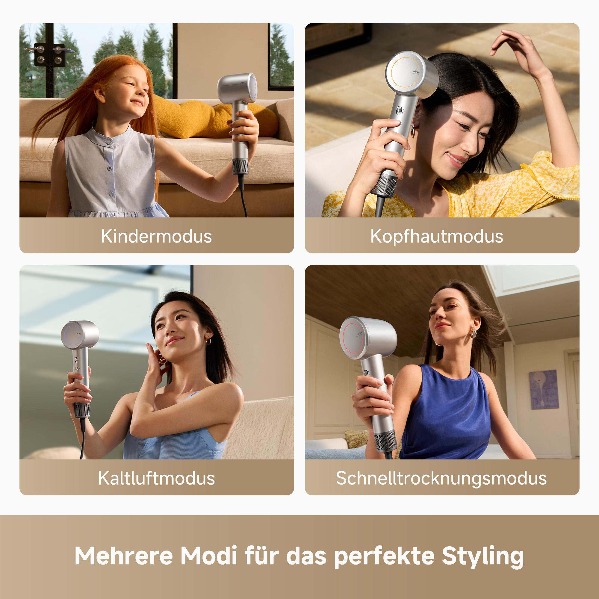 Das Bild zeigt Personen, die einen silbernen Haartrockner benutzen. Jedes Bild zeigt verschiedene Einstellungen: Kindermodus, Kopfhautmodus, Kaltluftmodus, Schnelltrocknungsmodus.