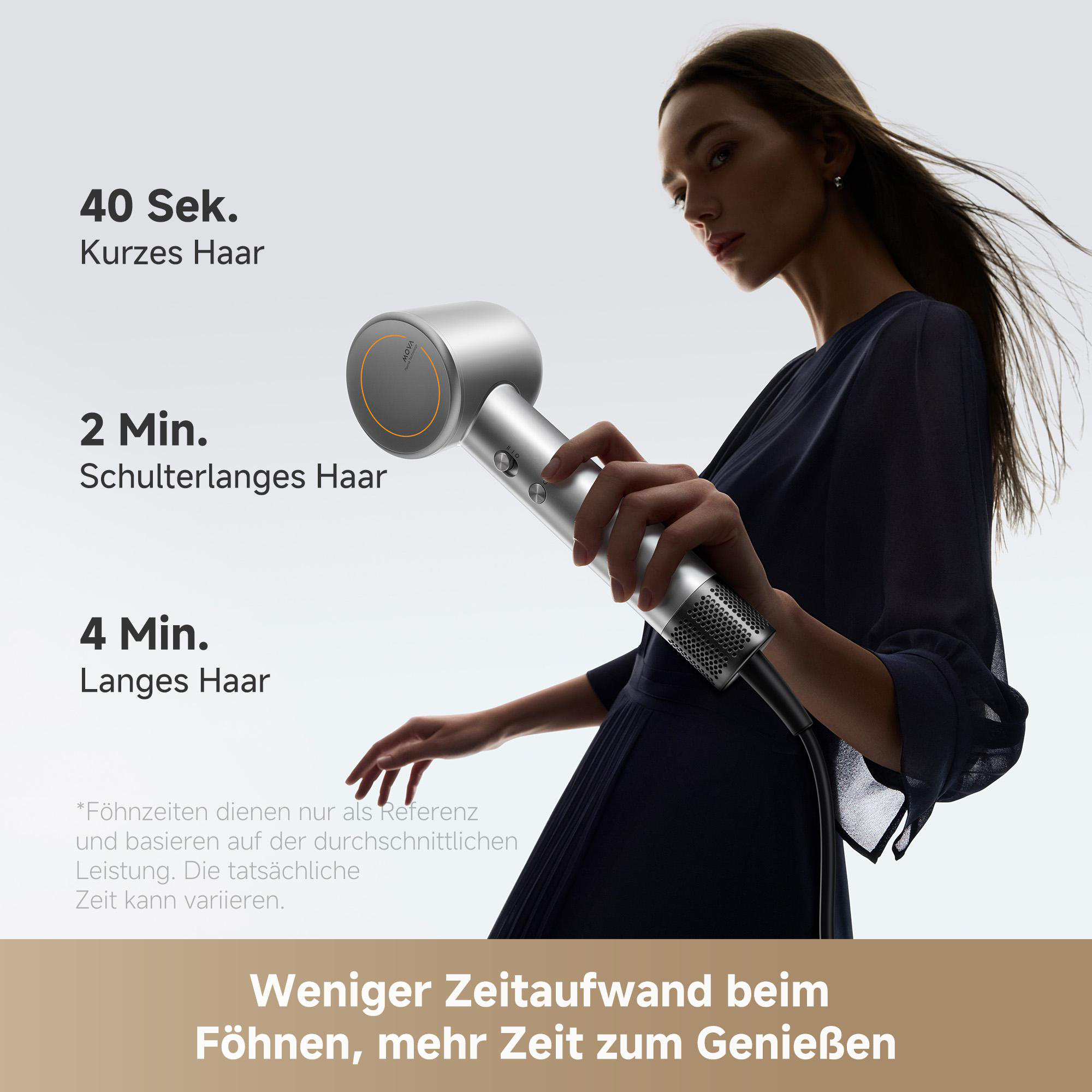 Frau hält einen silbernen Haartrockner. Text zeigt Trocknungszeiten für verschiedene Haarlängen. Der Hintergrund ist weiß.
