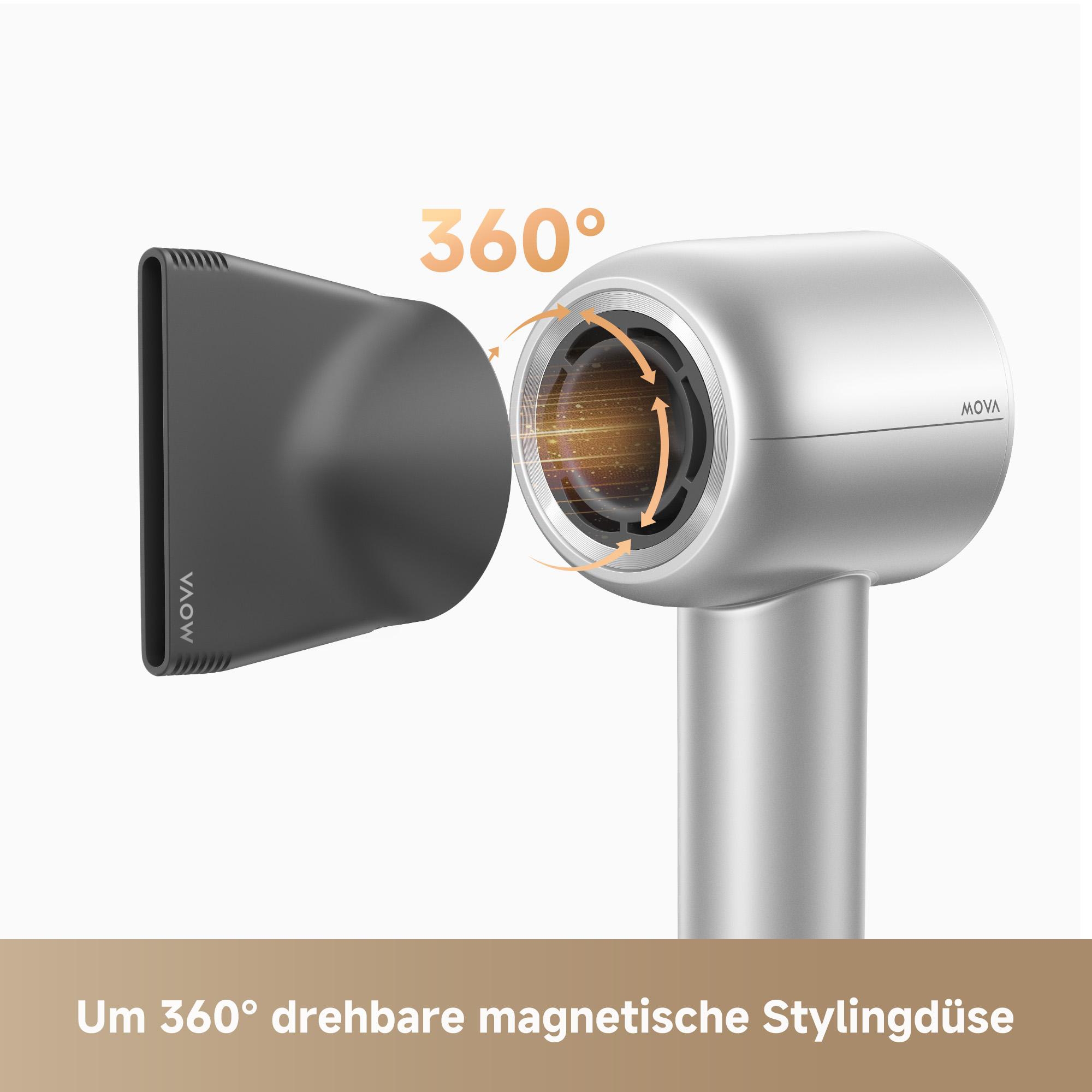Ein Haartrockner mit 360-Grad-Dreh-Magnet-Stylingdüse. Silber- und Schwarzfarben sind sichtbar. Text sagt MOVA.