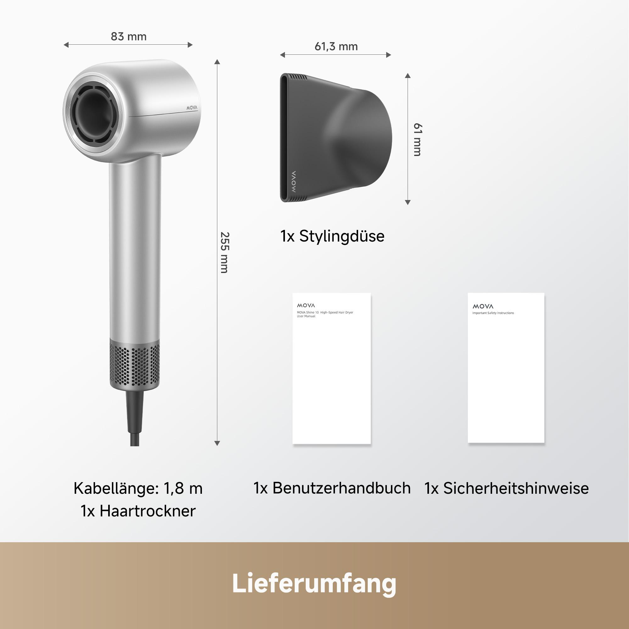 Das Bild zeigt einen MOVA-Haartrockner mit Stylingdüse, Benutzerhandbuch und Sicherheitshinweisen. Abmessungen und eine Beschreibung sind vorhanden.