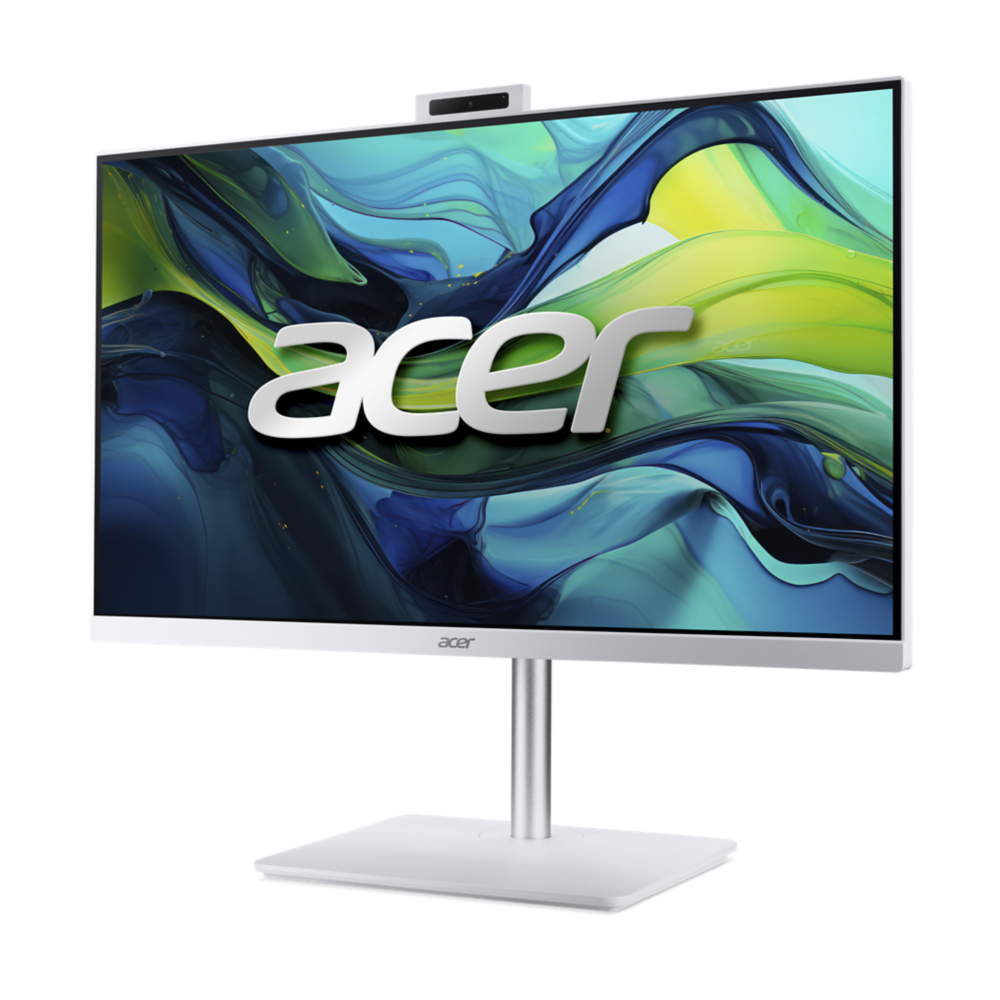 Acer All-in-One-Computer. Silberner Rahmen, Ständer und Sockel. Der Bildschirm zeigt abstrakte Kunst. Acer-Logo prominent angezeigt.