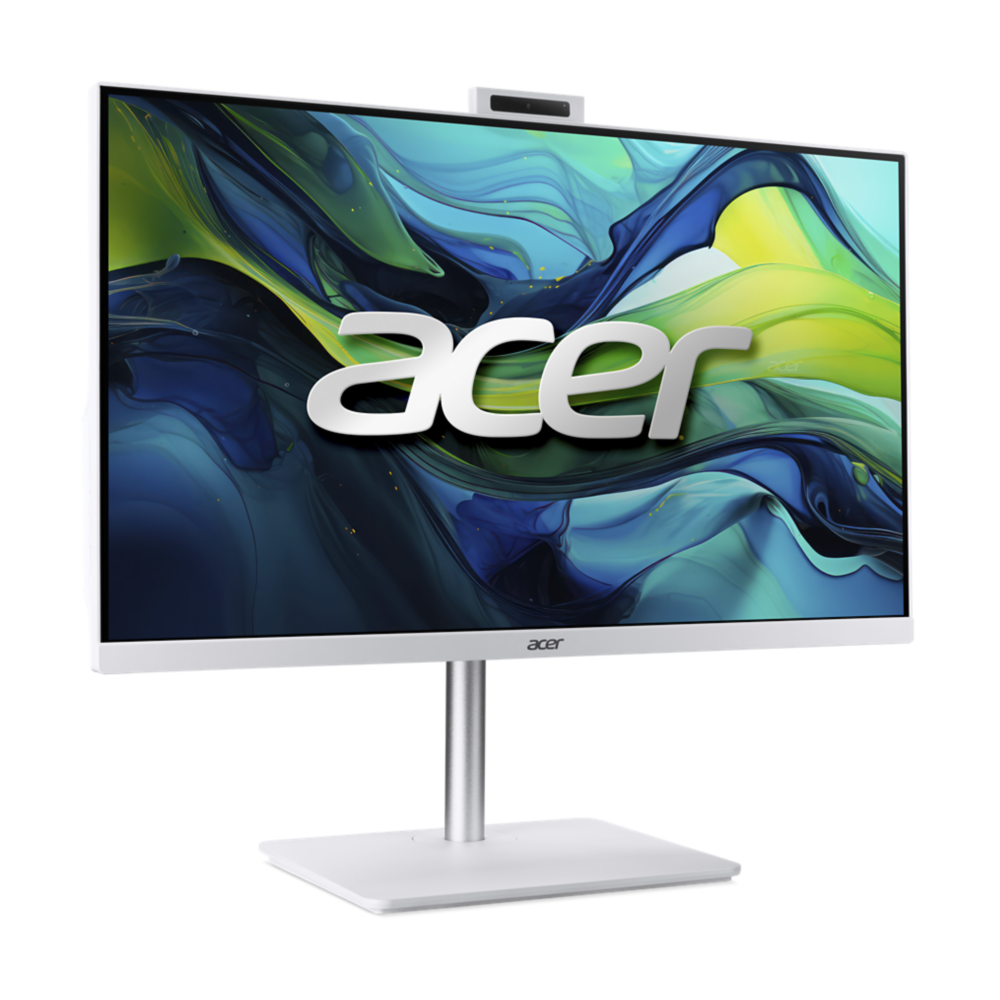 Acer All-in-One-Desktopcomputer. Verfügt über einen großen Bildschirm mit abstrakter Kunst, Acer-Logo, Webcam und weißem Standfuß.