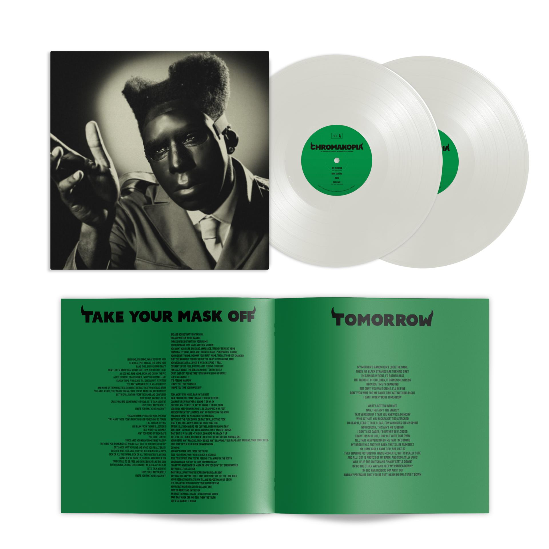 Ein Mann mit ernstem Gesichtsausdruck und schwarzem Afro. Zwei Schallplatten rechts, darunter Liedtexte.
