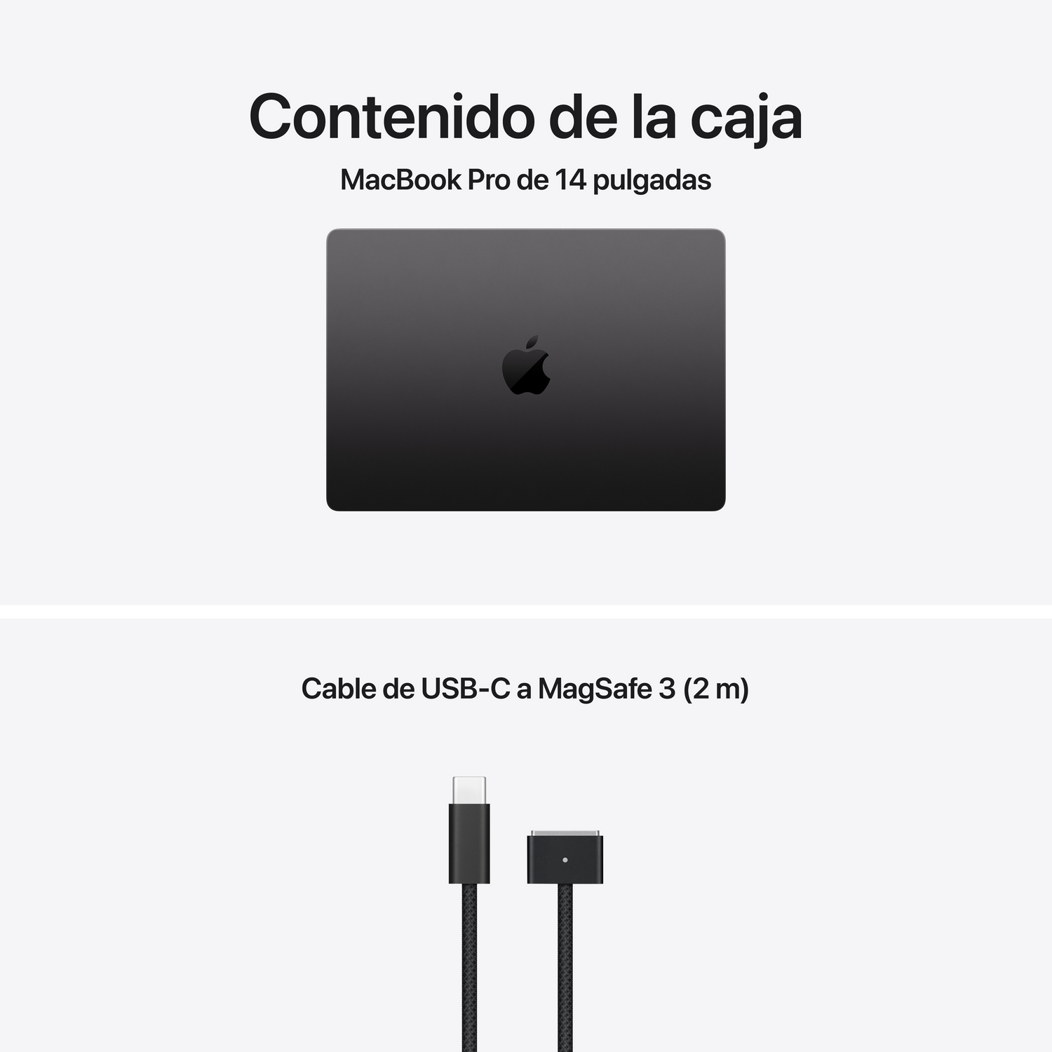 La imagen muestra un MacBook Pro y un cable USB-C a MagSafe 3. El portátil está cerrado. El cable tiene dos conectores negros.