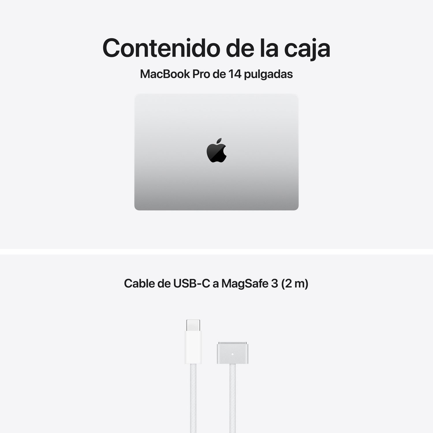 Imagen muestra MacBook Pro y un cable USB-C a MagSafe 3. Texto en español: 'Contenido de la caja', MacBook Pro de 14 pulgadas.