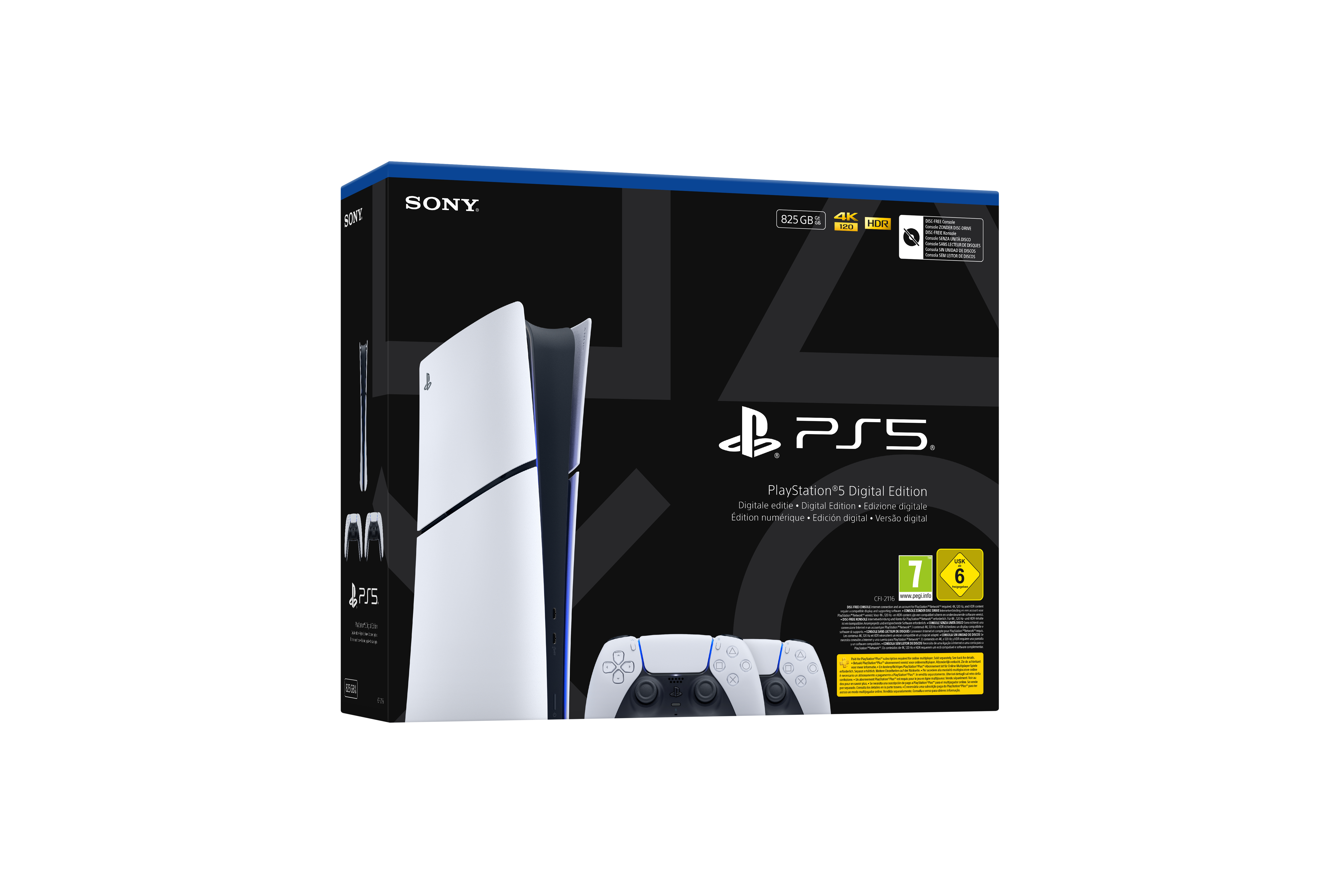 PS5 Digital Edition Box mit Konsolen- und Controller-Bildern. Schwarz-weißes Farbschema.