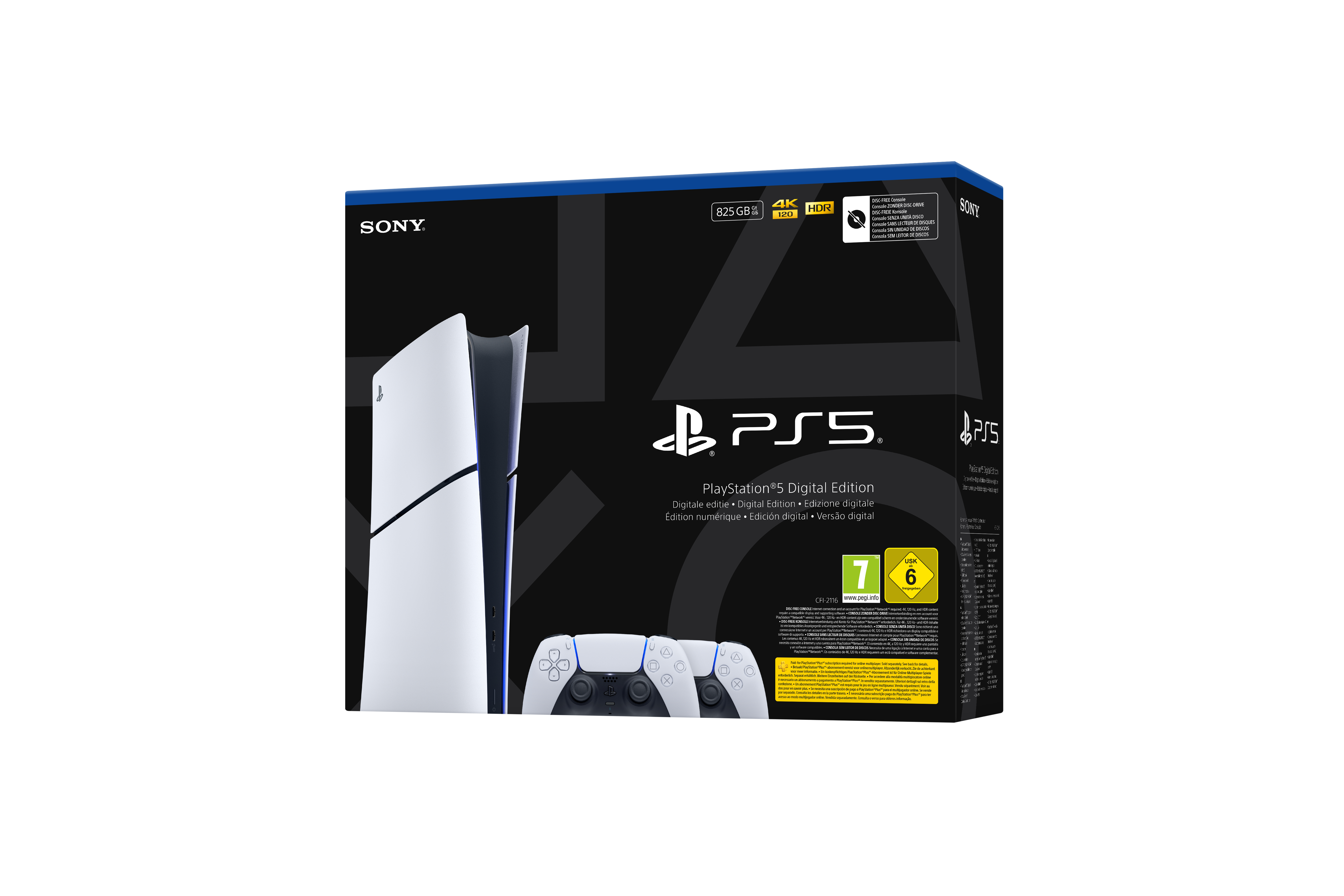 Schachtel der PS5 Digital Edition mit Konsole und Controller.