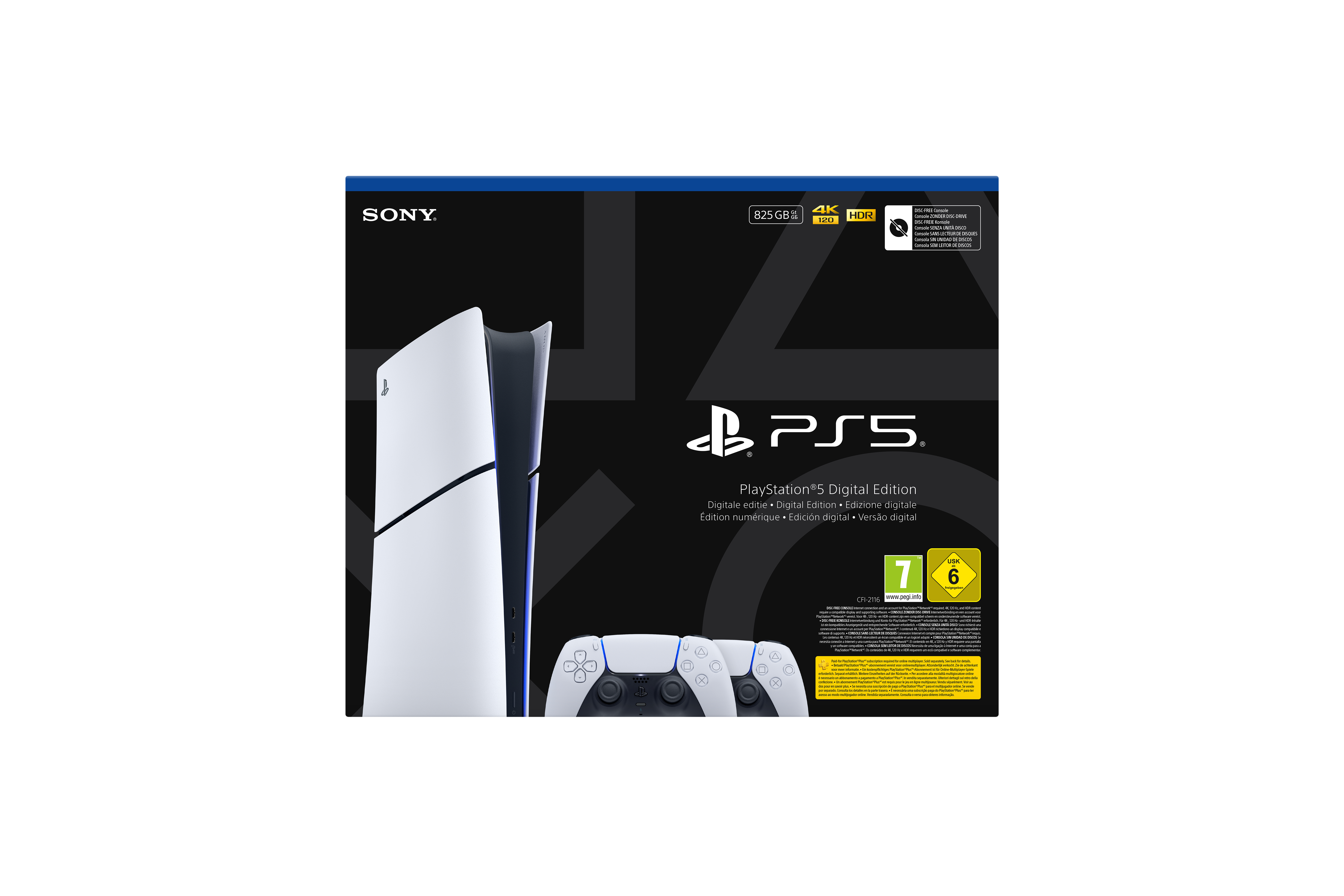 Das Bild zeigt eine PS5 Digital Edition Box mit Konsole und Controller, weiß mit schwarzen Akzenten.