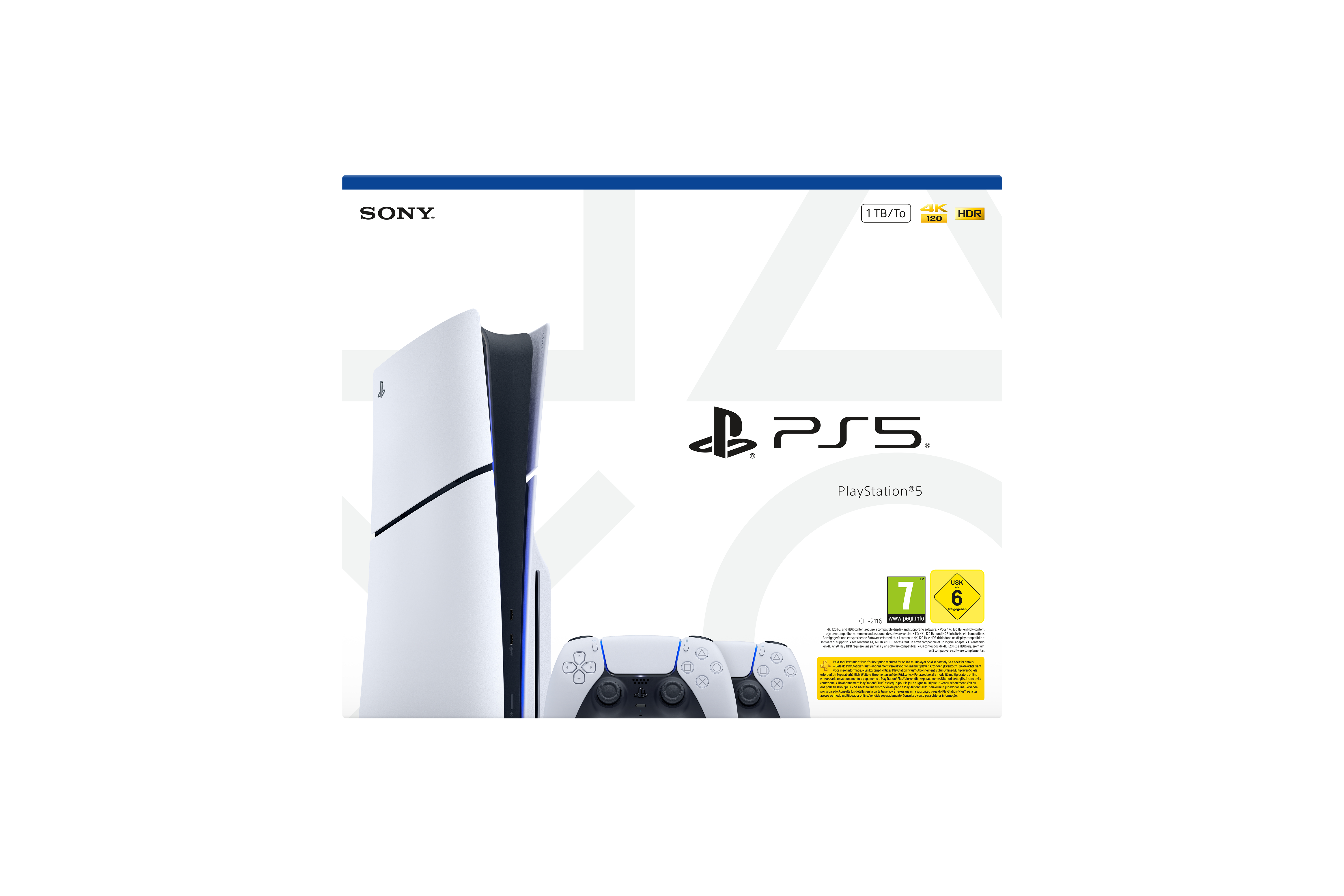 PS5-Konsole, Controller und Box. Die Box zeigt das PlayStation-Logo und Spezifikationen.