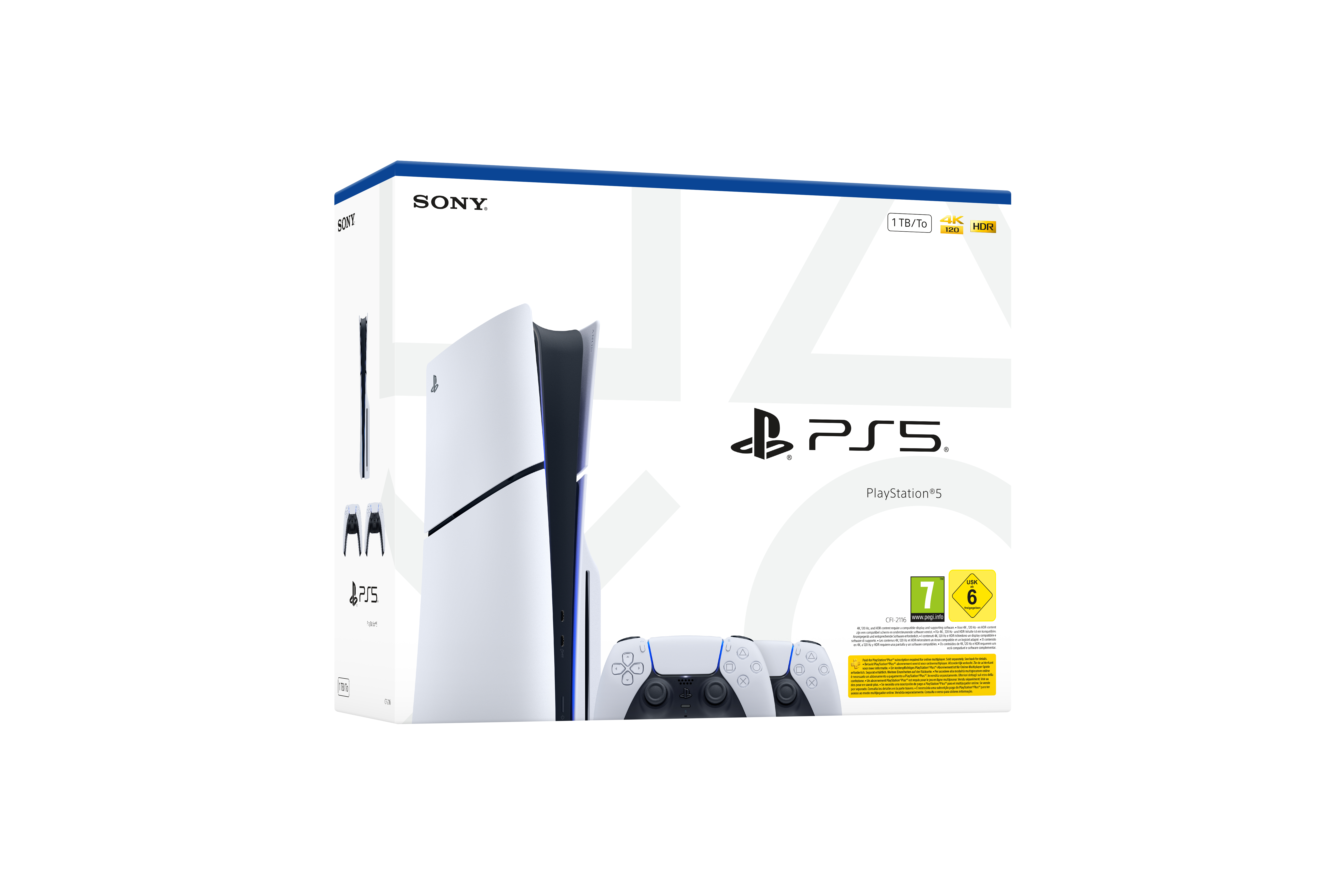 PS5-Konsolenbox mit Konsole, Controller und Logos. Die Box ist weiß mit schwarzen Akzenten und blauem Deckel.