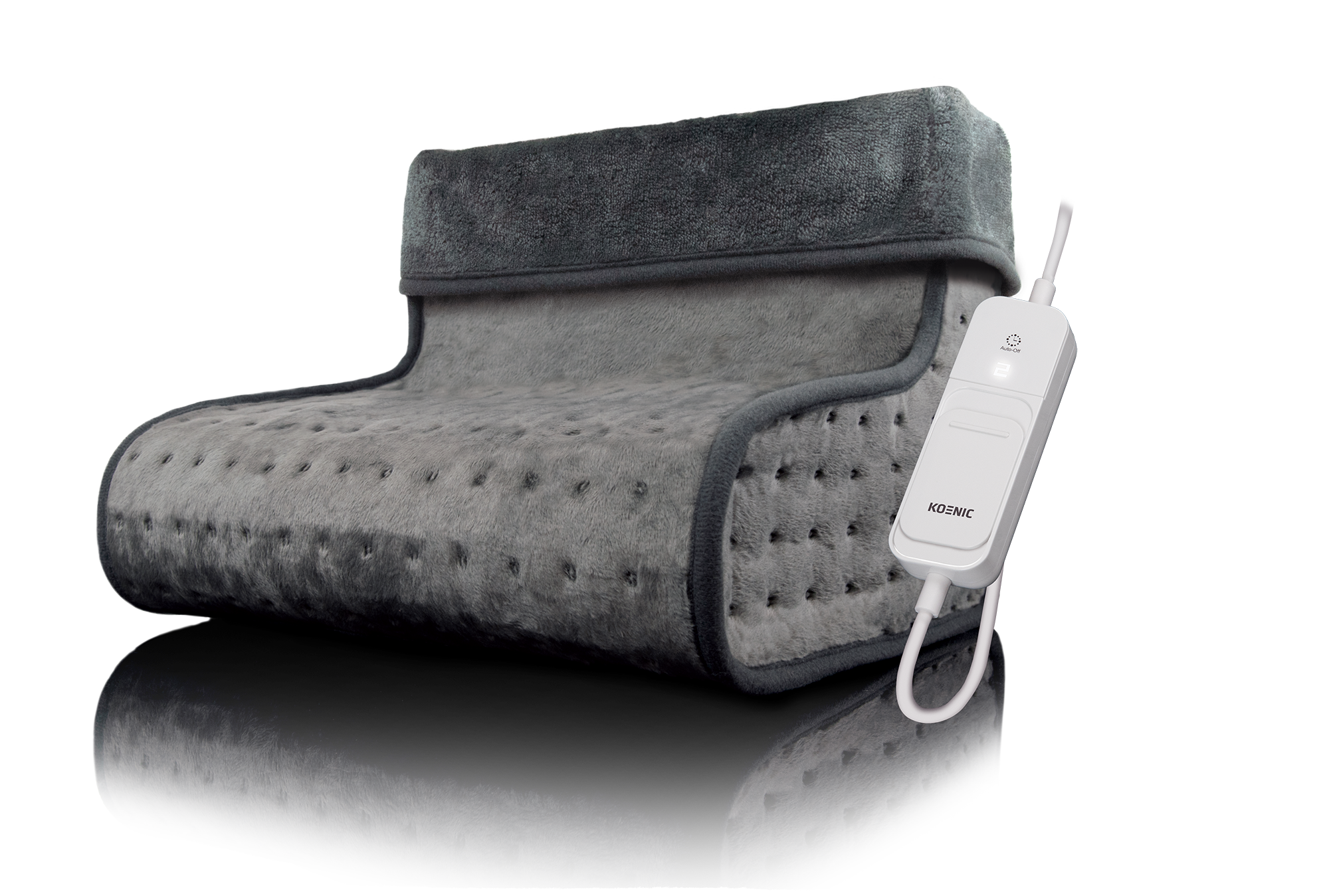 Eine graue Heizdecke mit Bedienfeld liegt auf einer reflektierenden Oberfläche. Die Decke hat einen dunkelgrauen Rand und eine weiße Steuerung.