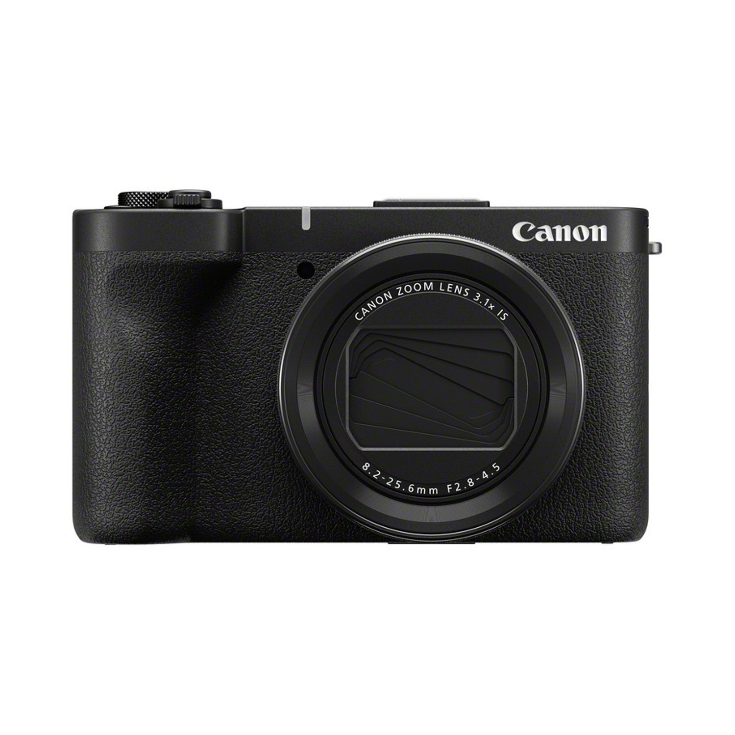 Una fotocamera Canon nera è centrata. Ha un obiettivo, un flash e il logo Canon. L'obiettivo ha una scritta.