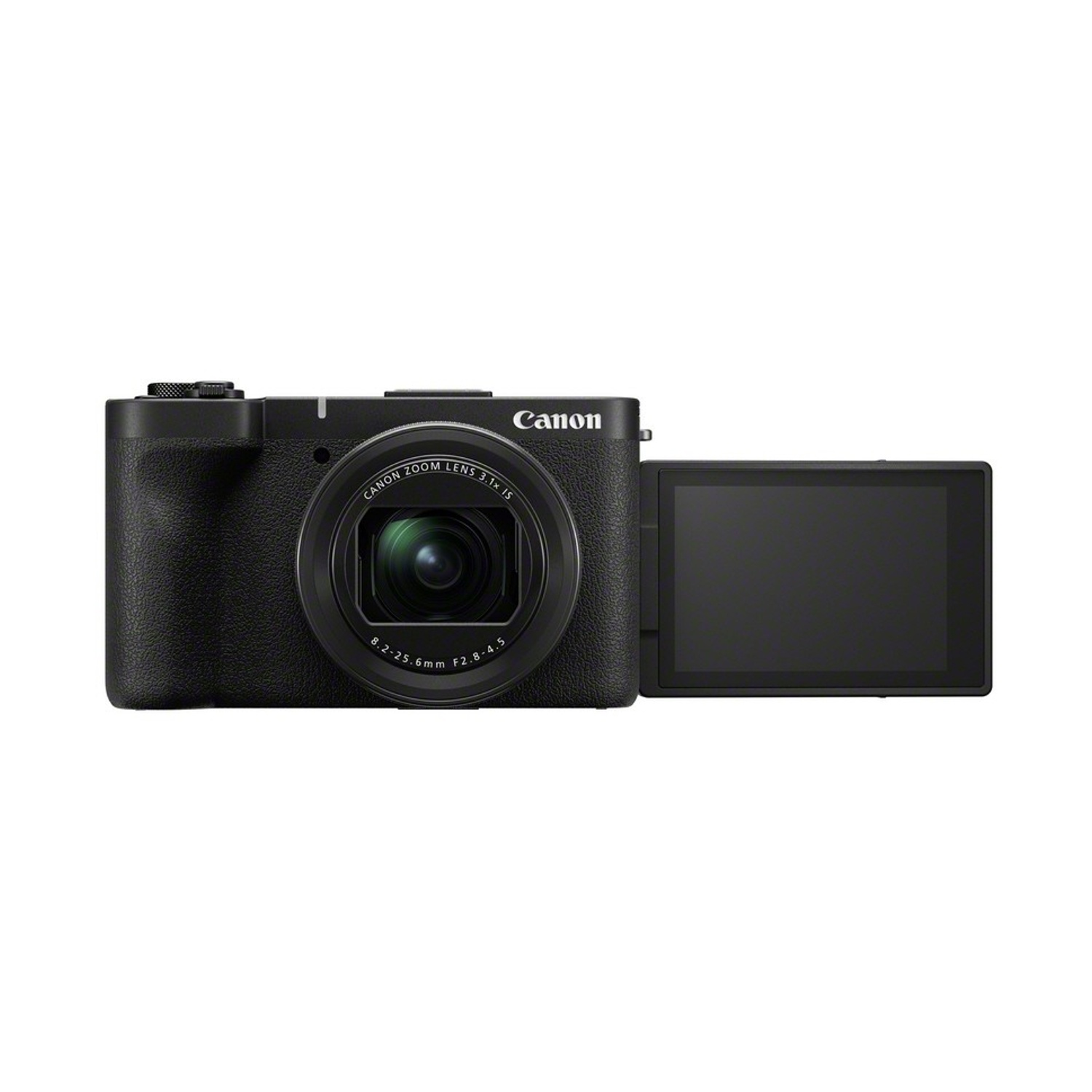 Una fotocamera digitale Canon nera con obiettivo, schermo e logo Canon. Lo schermo è aperto verso destra.