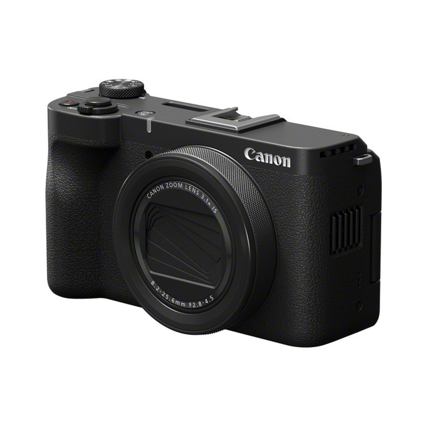 Una fotocamera Canon nera è angolata a destra. Ha un obiettivo, pulsanti e il logo Canon. Lo sfondo è bianco.