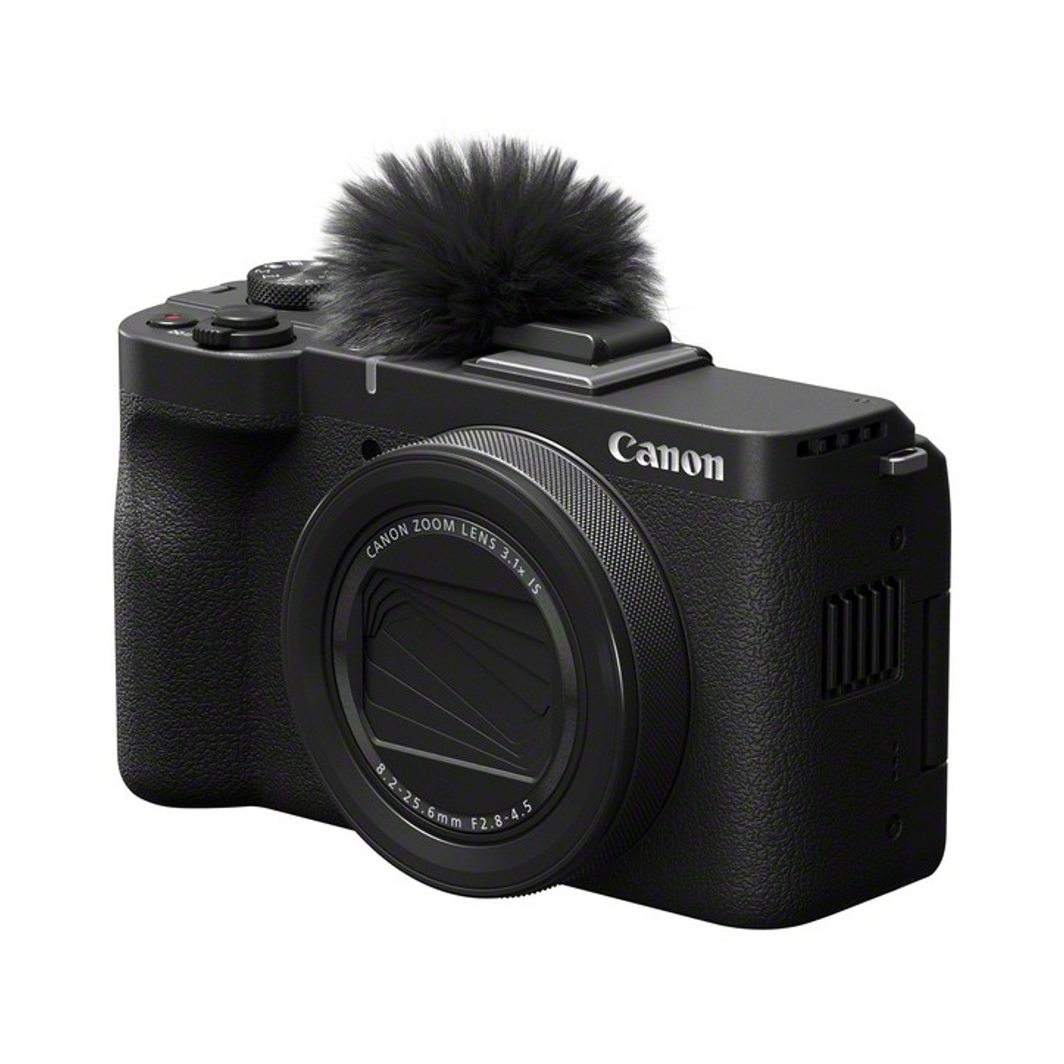 Una fotocamera Canon nera con microfono. L'obiettivo riporta Canon Zoom Lens 3.1x. La fotocamera è su sfondo bianco.