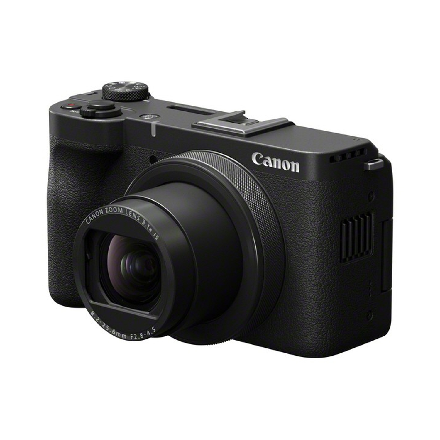 Una fotocamera Canon nera su sfondo bianco. L'obiettivo è in evidenza e il logo Canon è visibile.