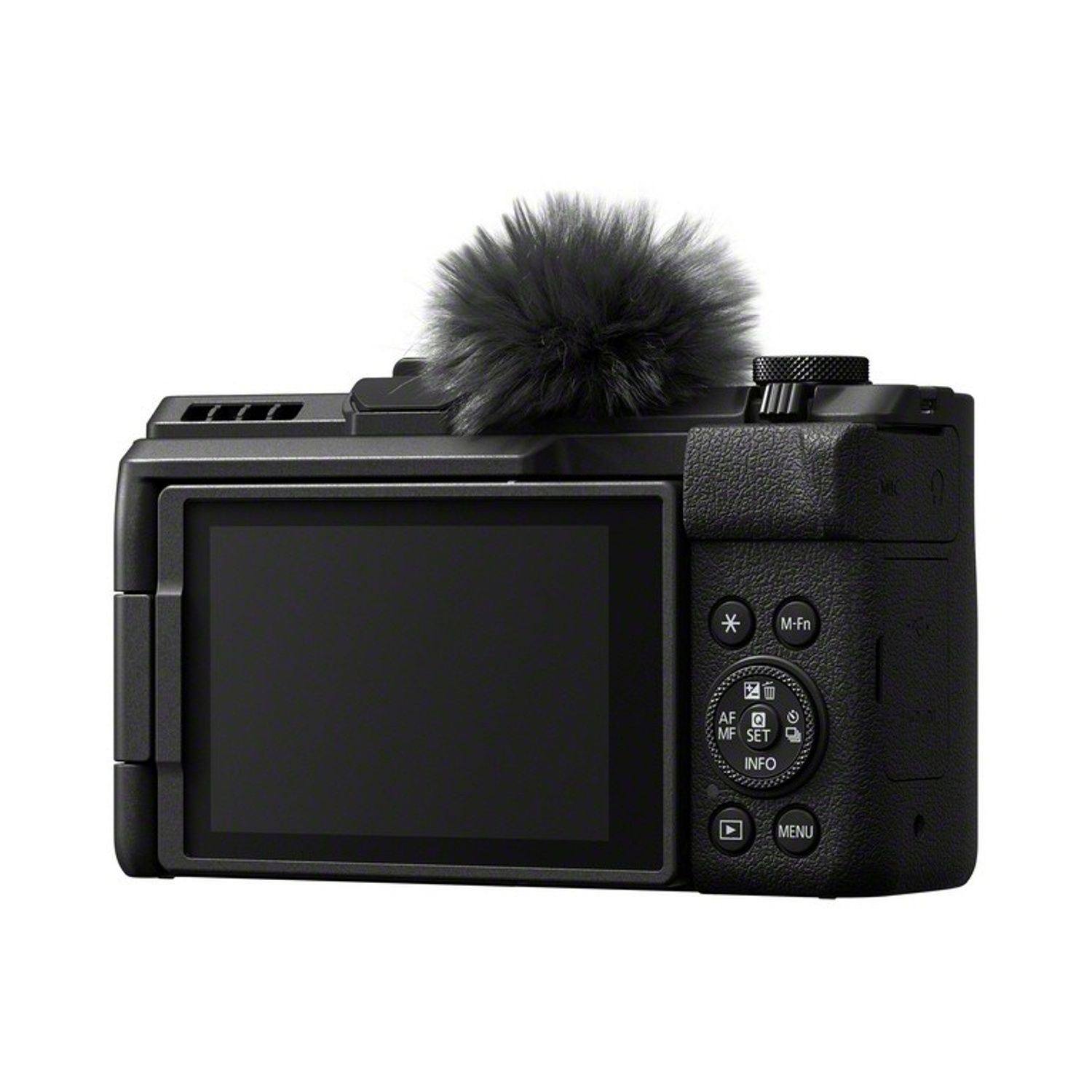 Fotocamera nera con schermo, microfono e pulsanti di controllo. Lo schermo è spento. Il microfono è soffice. La fotocamera è su sfondo bianco.