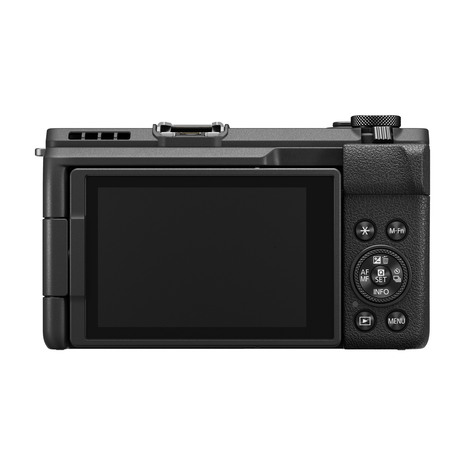 Vista posteriore di una fotocamera digitale nera. Ha uno schermo, pulsanti e una ghiera. Lo sfondo è bianco.
