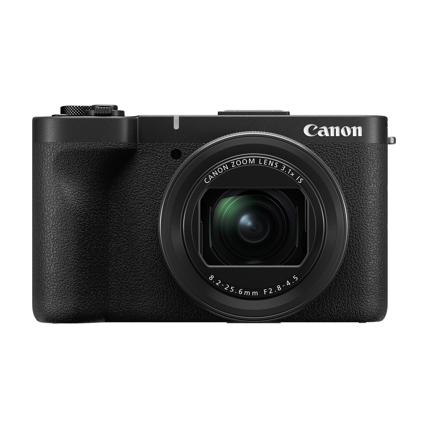 Una fotocamera Canon nera con obiettivo zoom è mostrata su sfondo bianco.