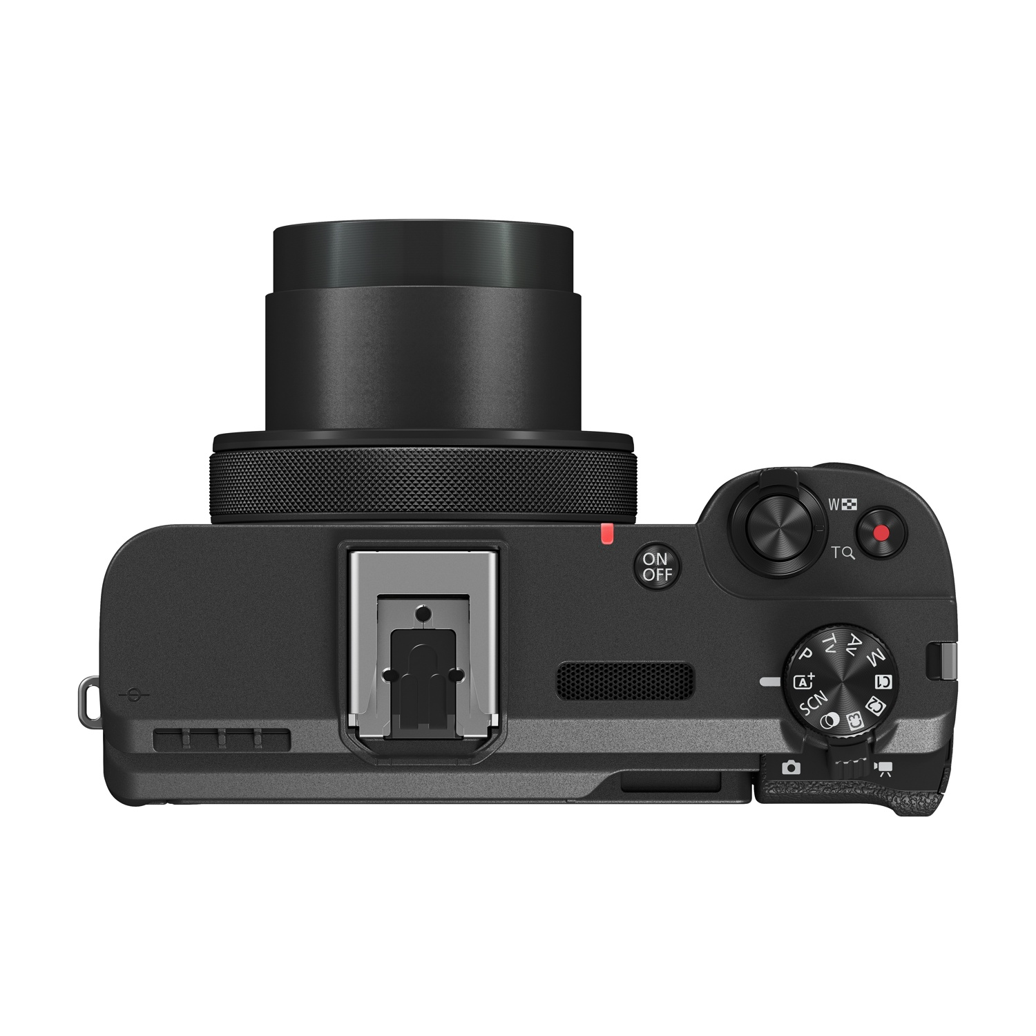 Una fotocamera digitale nera vista dall'alto. Ha un obiettivo, un flash e diverse ghiere e pulsanti di controllo.