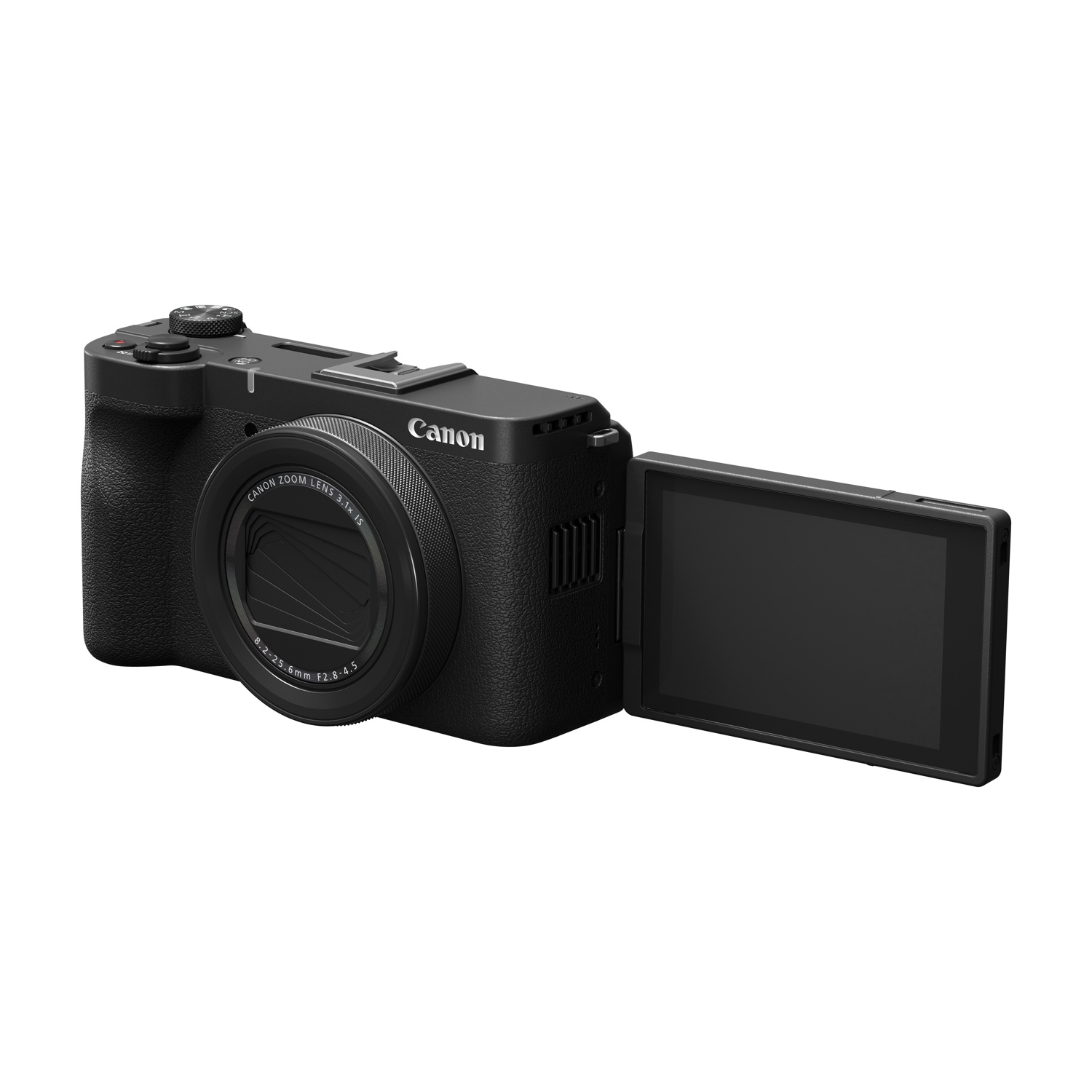 Una fotocamera Canon nera con schermo orientabile. L'obiettivo è visibile, con Canon scritto sul corpo. Lo schermo è aperto.