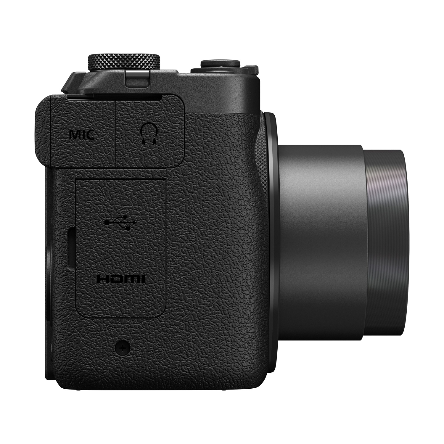 Vista laterale di una fotocamera nera. Ha un obiettivo, diversi pulsanti e porte etichettate 'MIC', 'USB' e 'HDMI'. La fotocamera è su sfondo bianco.
