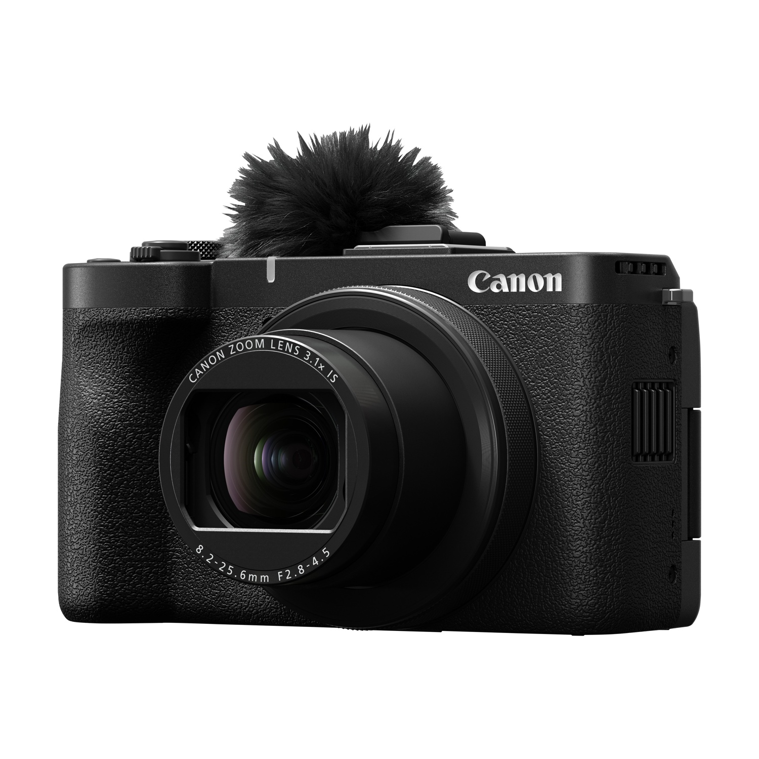 Fotocamera Canon nera con microfono sopra. L'obiettivo è visibile, con testo attorno. Lo sfondo è bianco.