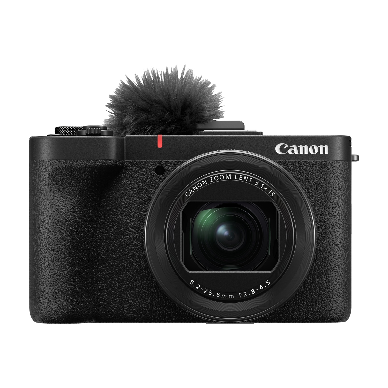 Fotocamera Canon nera con microfono collegato. La fotocamera ha un obiettivo e un logo Canon. Lo sfondo è bianco.