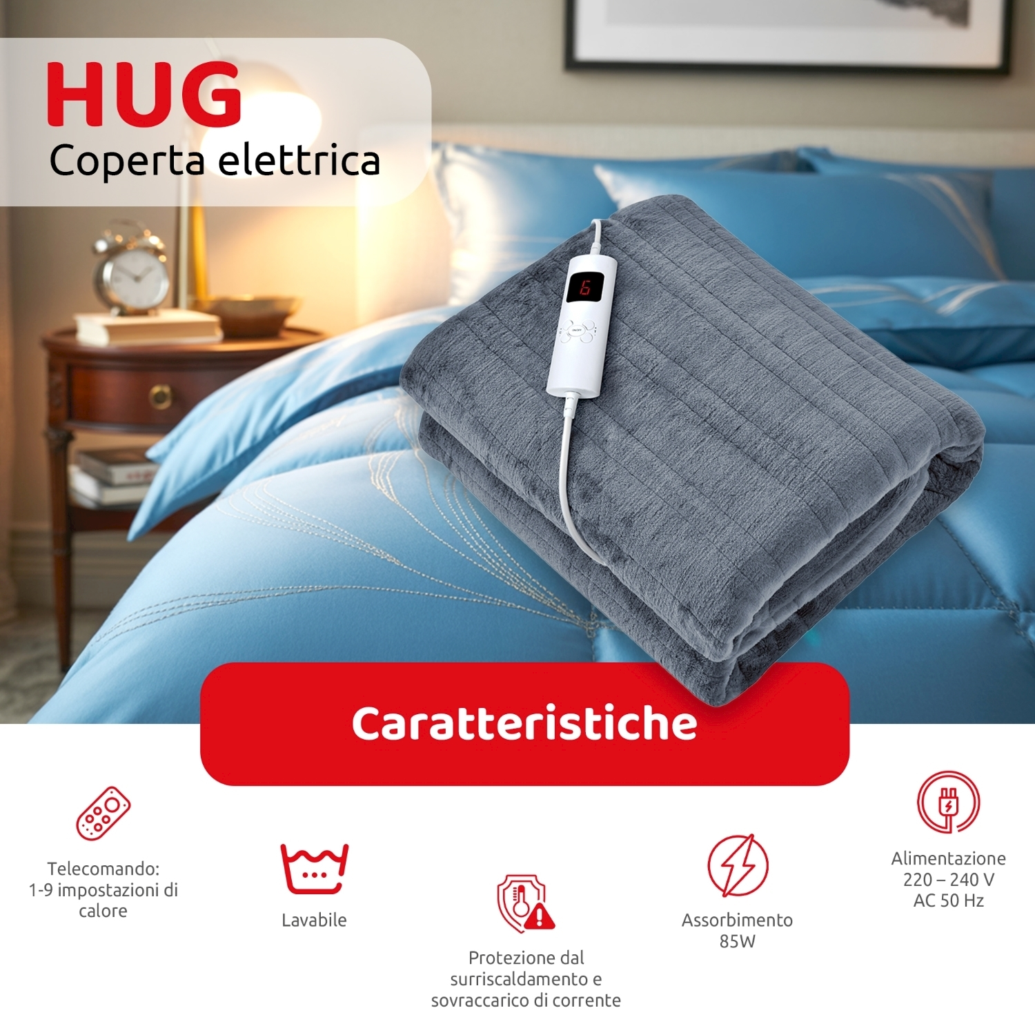 Una coperta elettrica grigia con telecomando bianco giace su un letto blu. Il testo recita 'HUG Coperta elettrica', con caratteristiche mostrate sotto.