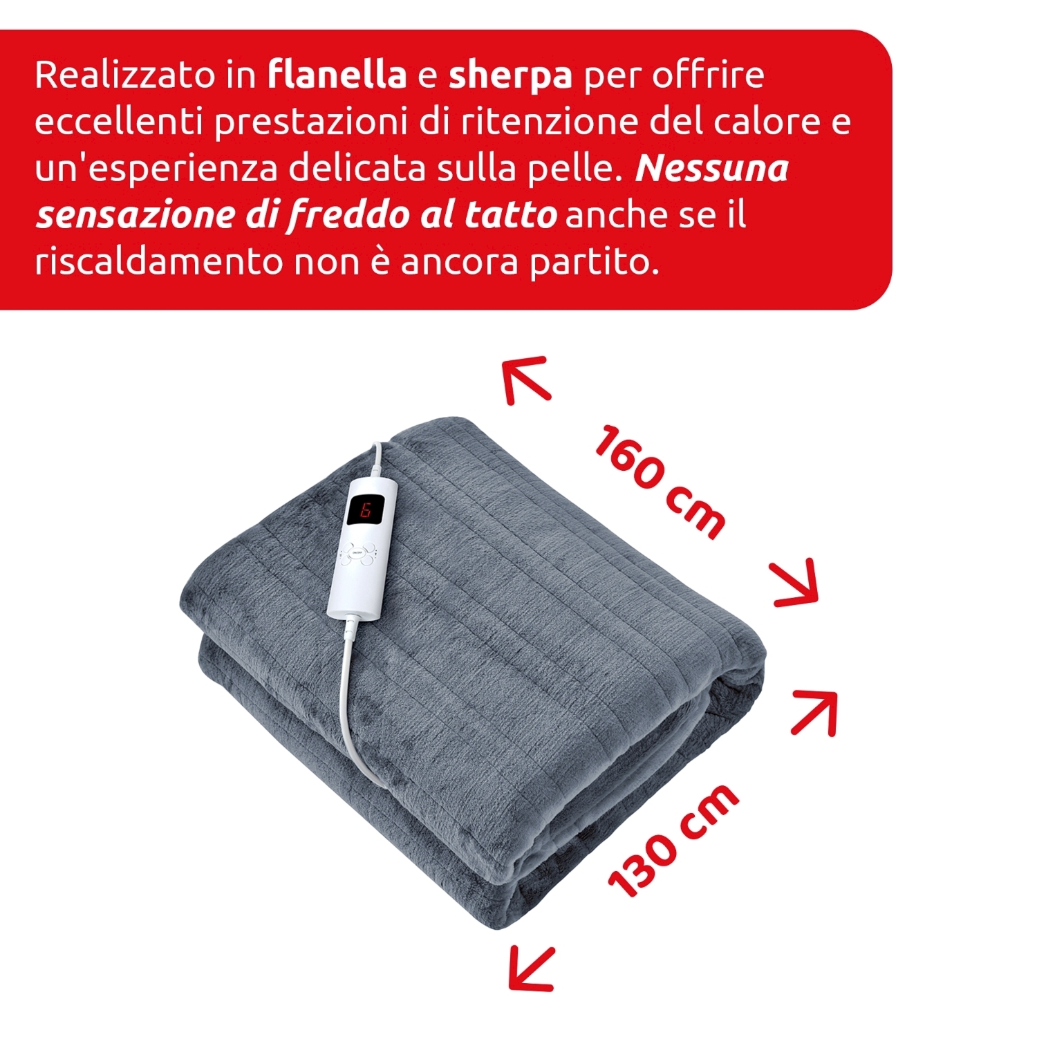 Coperta elettrica grigia con controller bianco. Testo italiano descrive caratteristiche e dimensioni (160x130 cm).