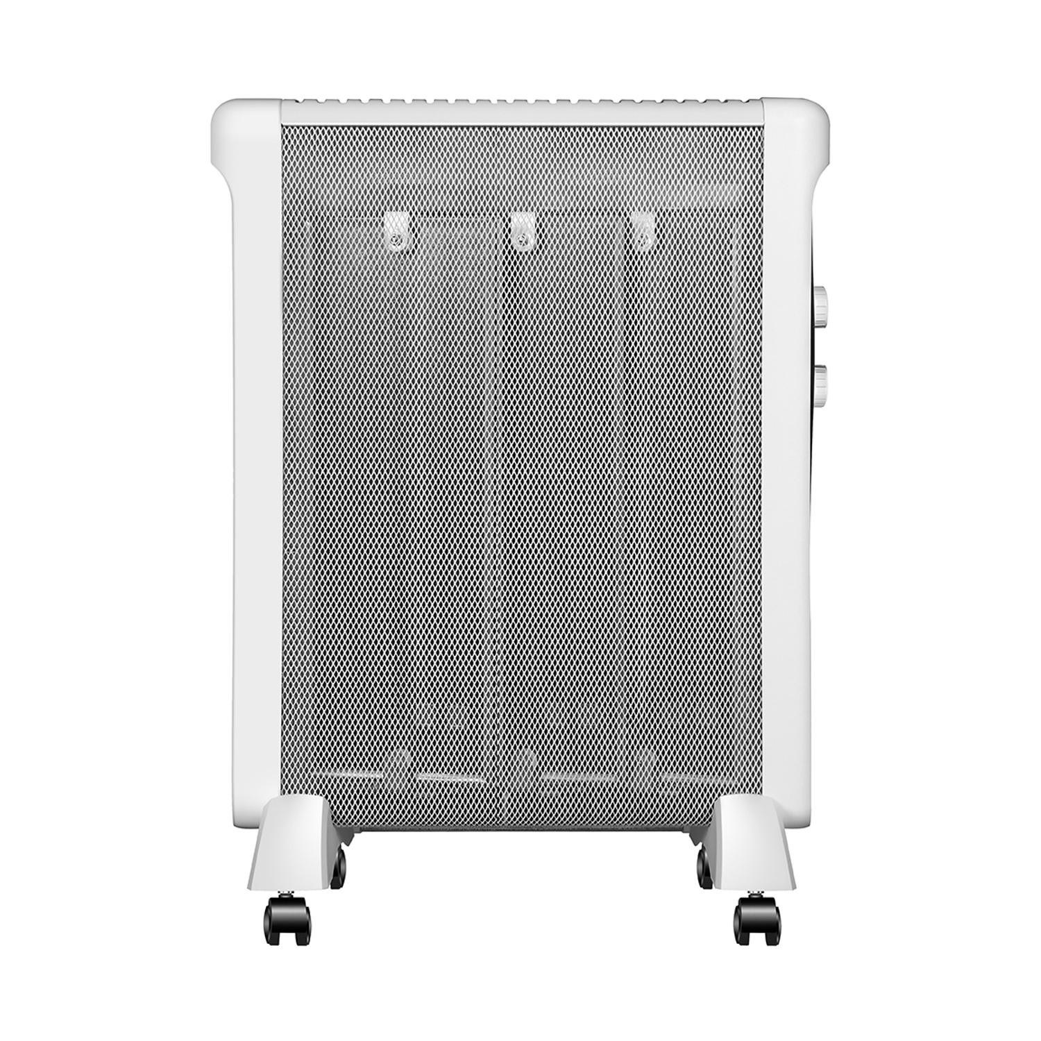Un termoconvettore elettrico bianco è in posizione verticale. Ha una parte anteriore a rete, manopole e ruote.