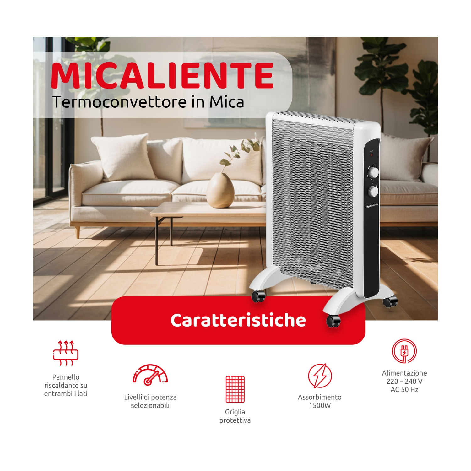 È visualizzato un termoconvettore Mica bianco e nero. Lo sfondo mostra un soggiorno con divano, tavolo e piante.