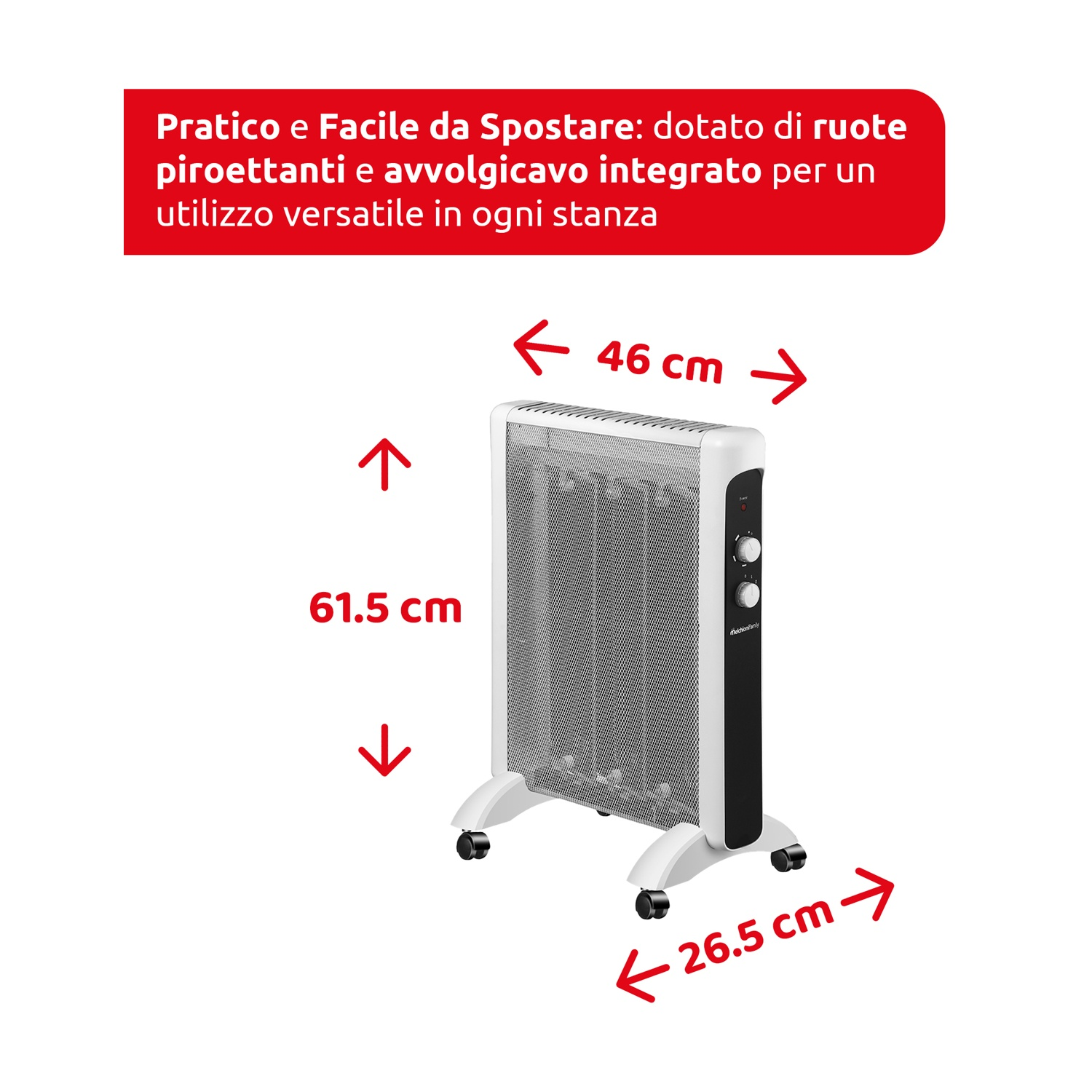 Un radiatore a olio bianco e nero con dimensioni. Ha ruote e manopole su un pannello laterale nero.