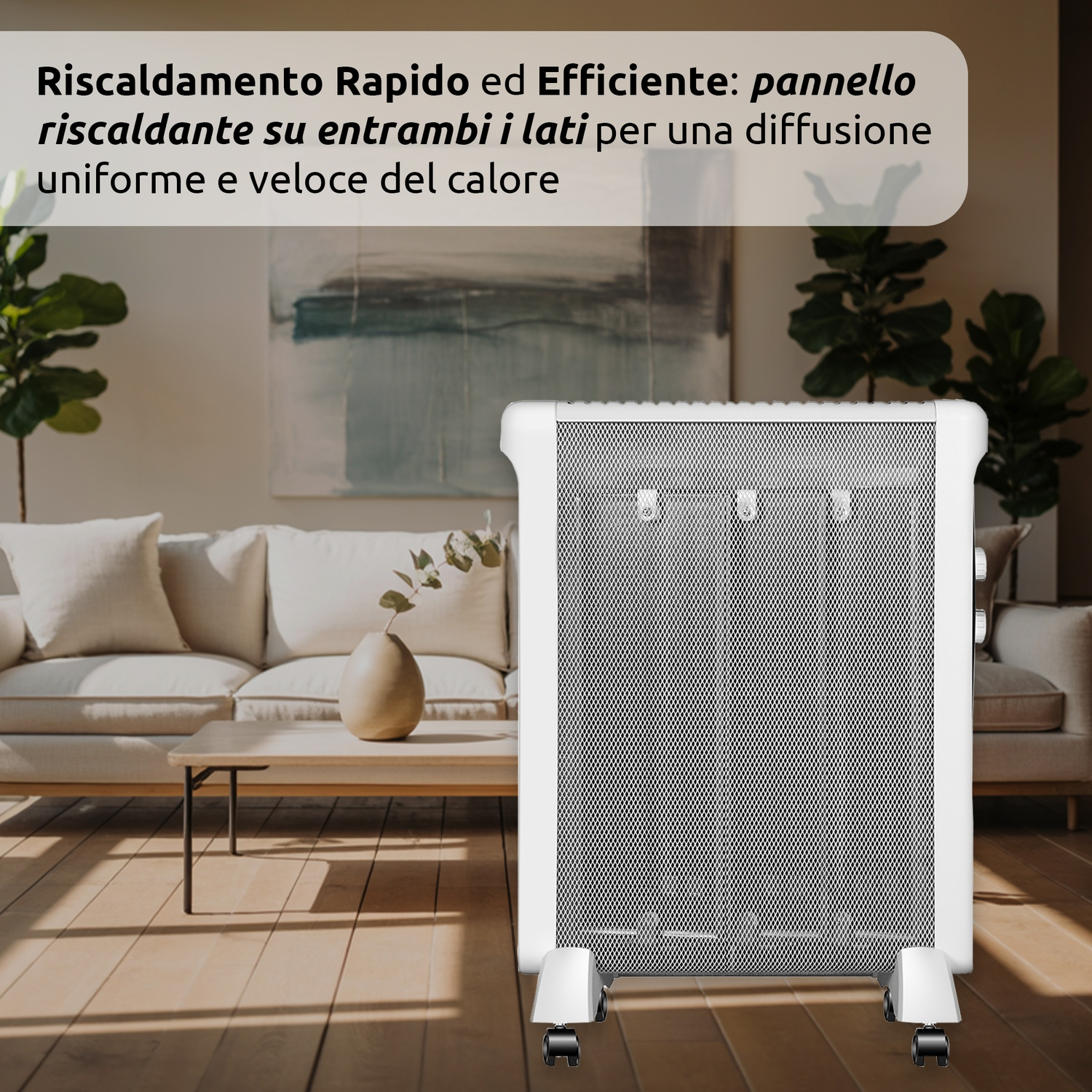 Un radiatore bianco su ruote davanti a un soggiorno con divano, piante e tavolo. Il testo sopra descrive il prodotto.